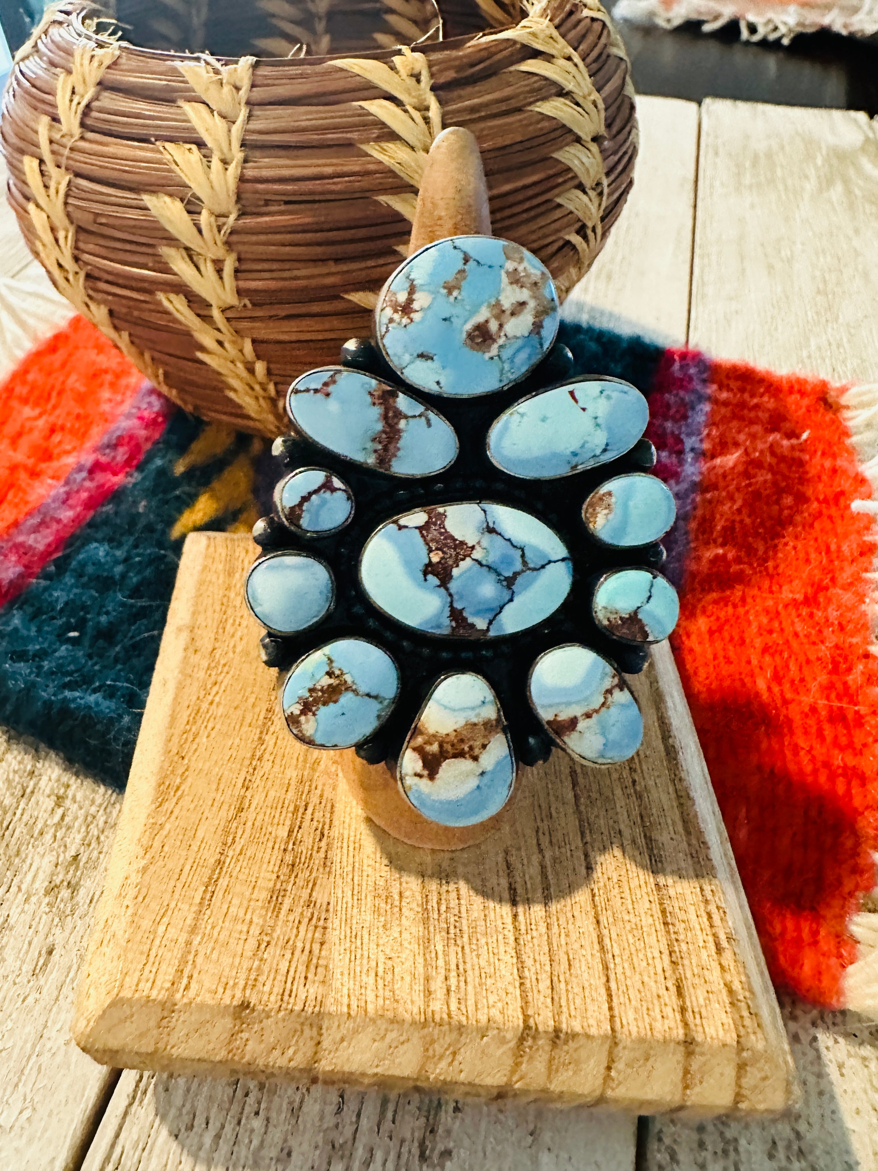 Navajo Golden Hills Turquoise & Sterling Silver Cluster Ring Size 7 by B. Yellowhorse