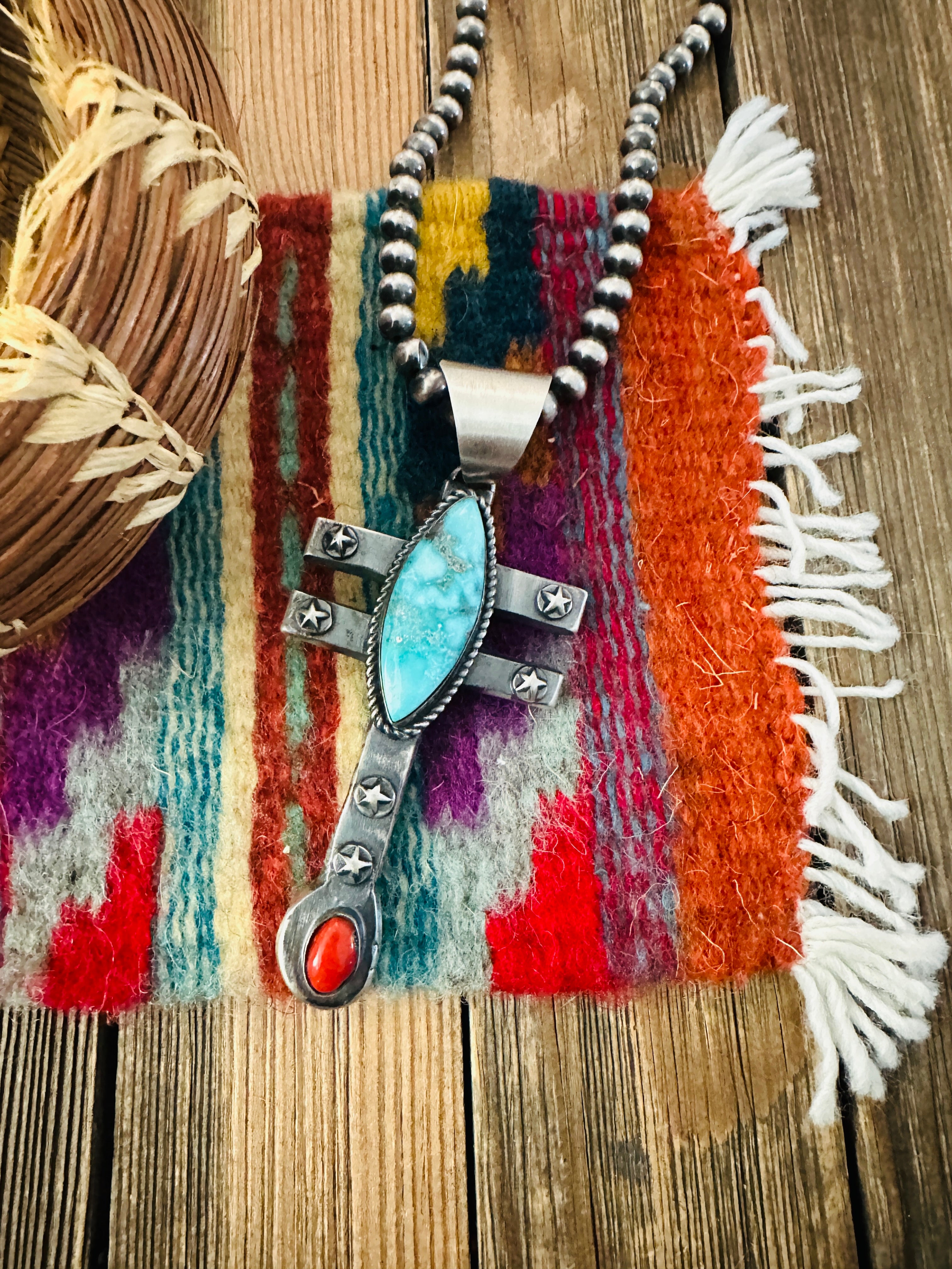 Handcrafted Sterling Silver, Turquoise & Coral Dragonfly Pendant by Chimney Butte