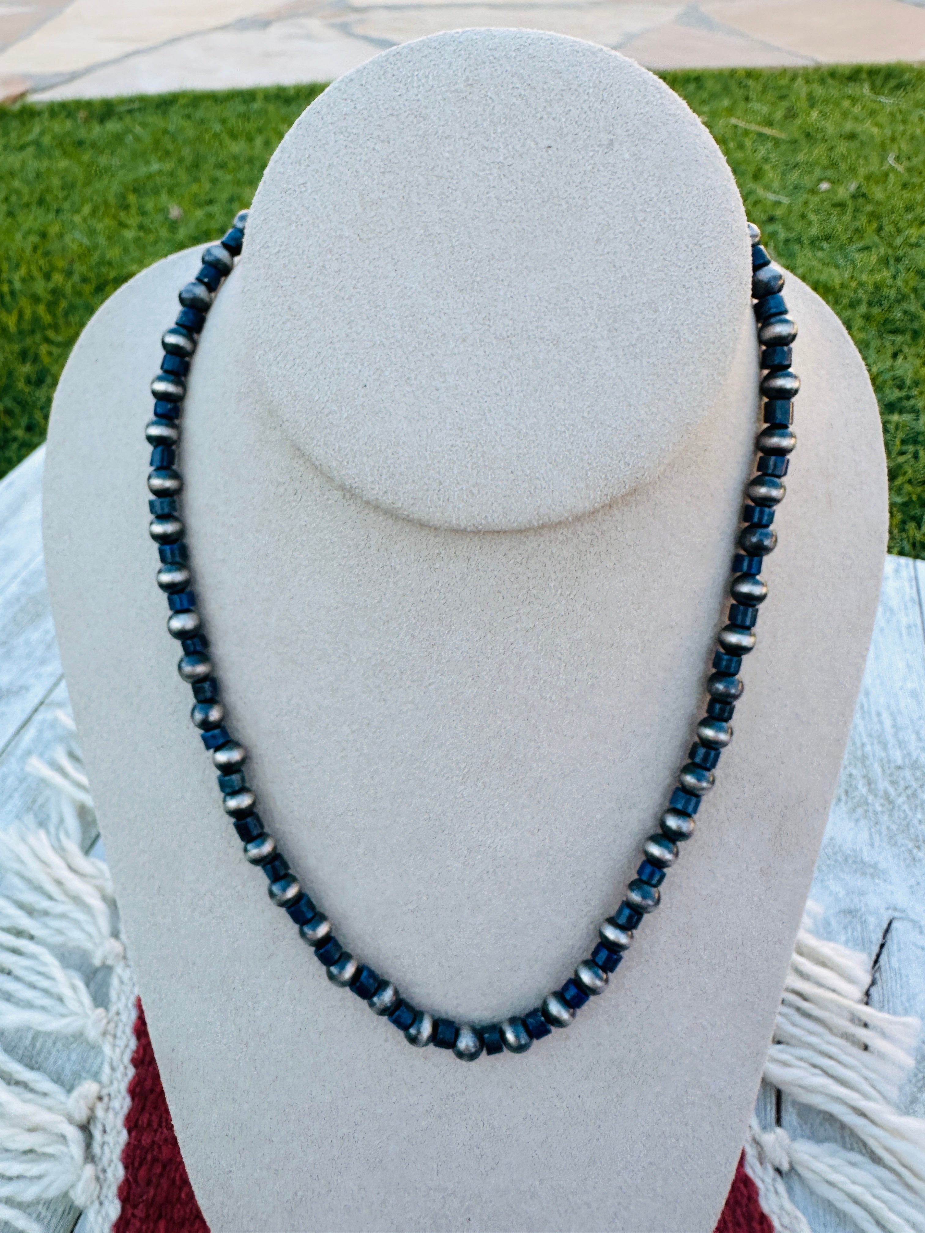 Handcrafted Sterling Silver Pearl & Lapis 18” Beaded Necklace