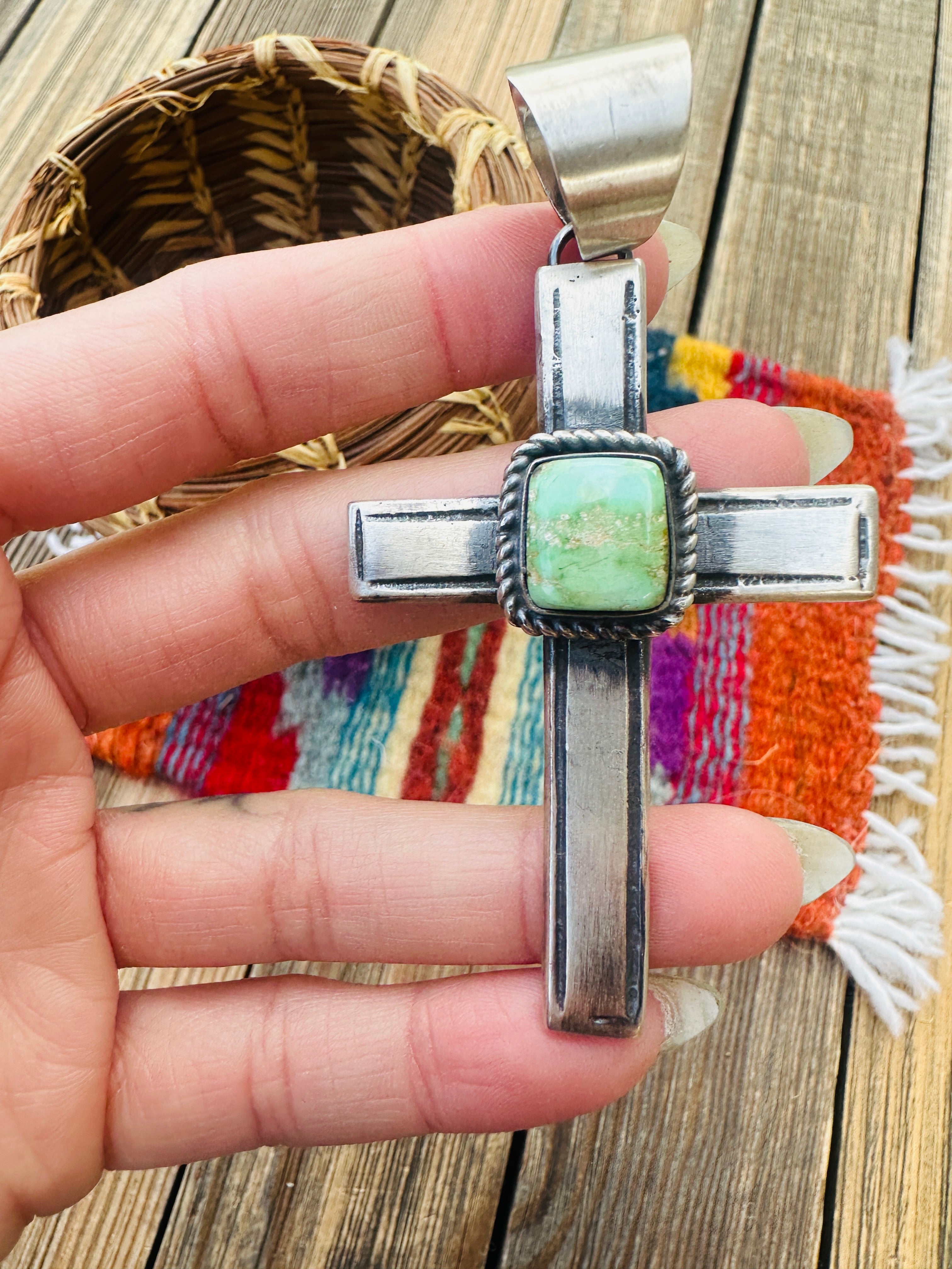 Handcrafted Sonoran Mountain Turquoise & Sterling Silver Cross Pendant by Chimney Butte