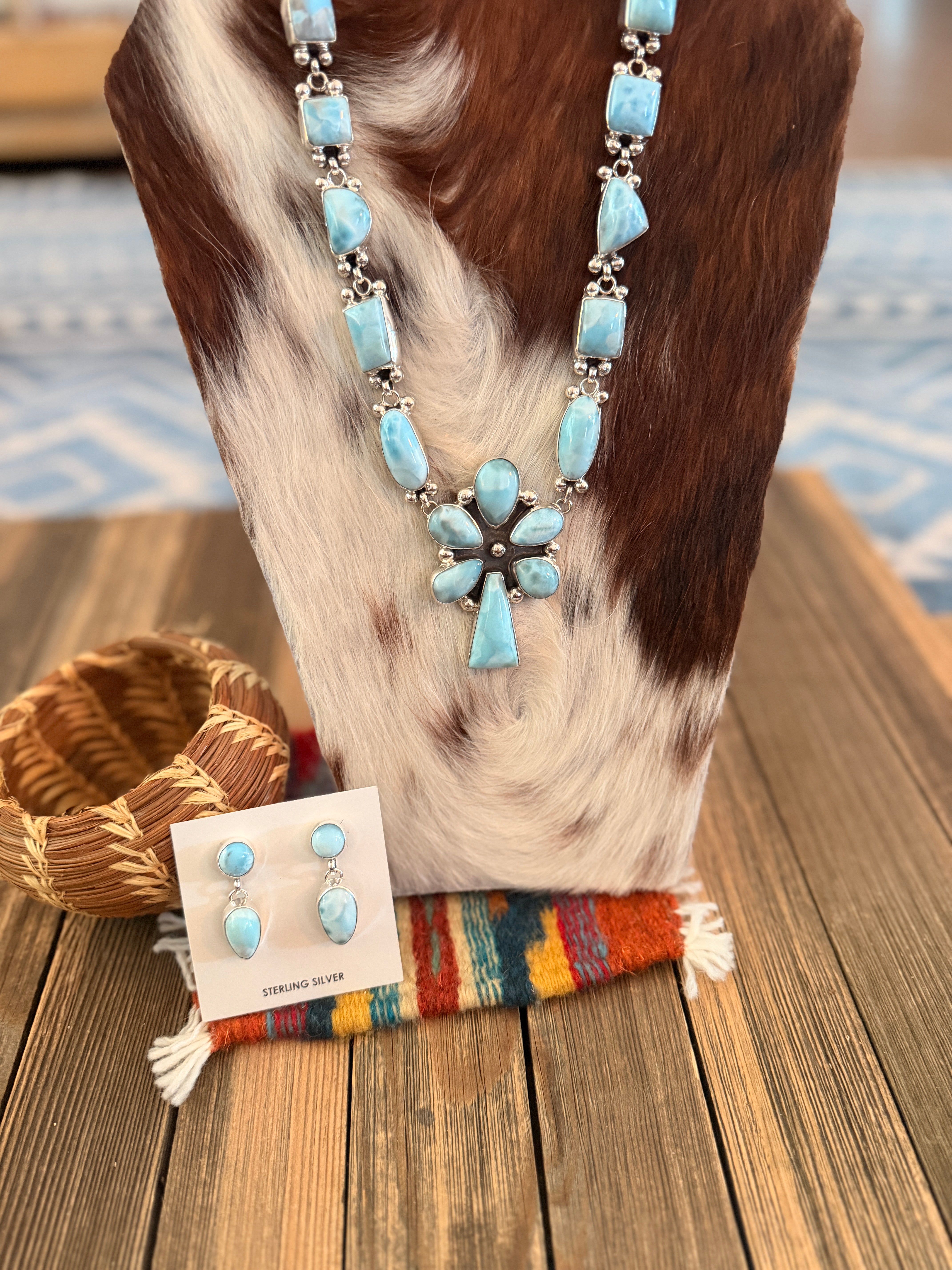 Handcrafted Larimar & Sterling Silver Necklace and Earring Set by Myra Benally
