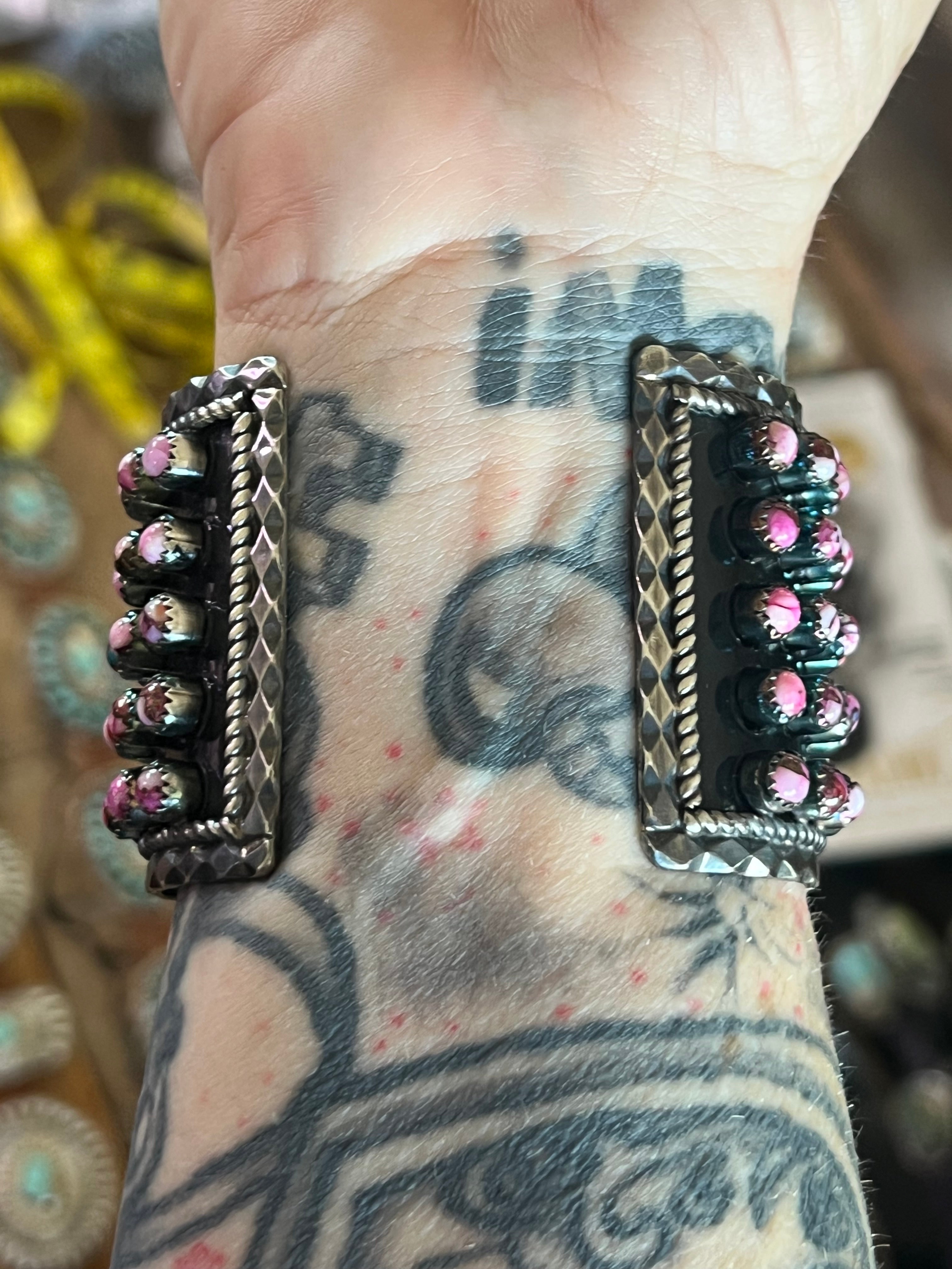 Handcrafted Sterling Silver and Pink Dream Mohave Snake Eye Style Five Row Cuff Bracelet, Signed BJ /