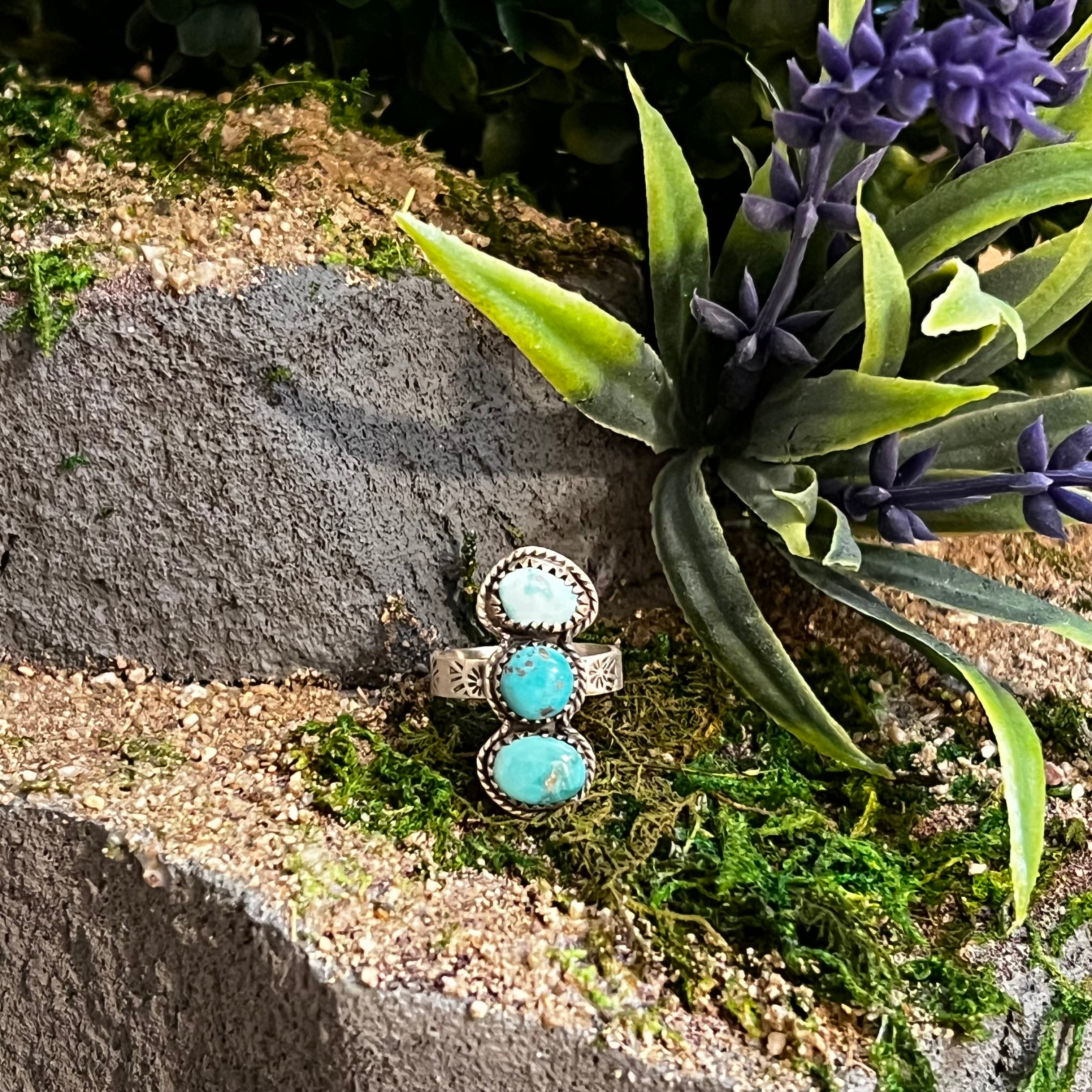 Handmade 3-Stone South Hill, Kingman, & Golden Hills Turquoise Sterling Silver Adjustable Ring