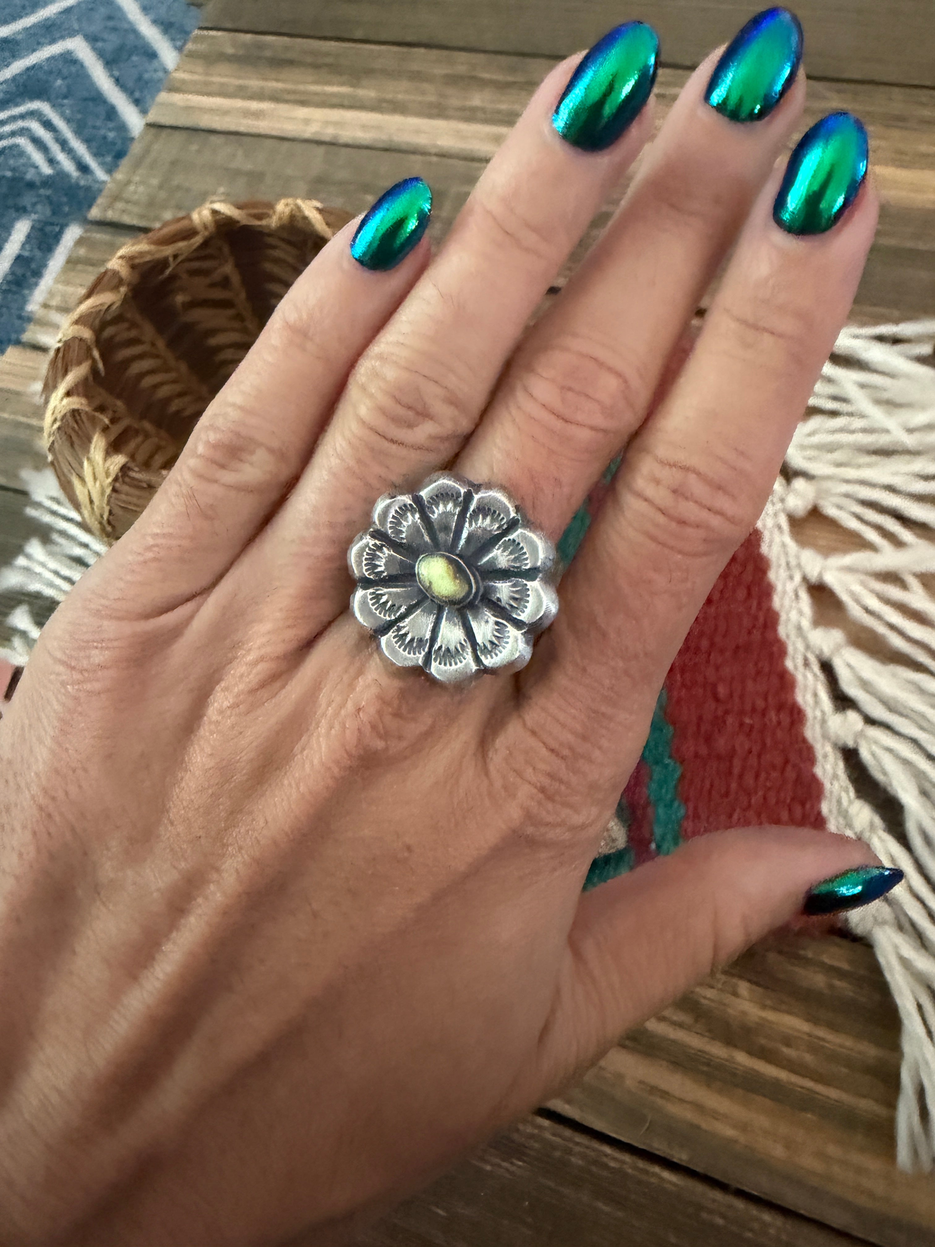 Handcrafted Palomino Turquoise and Sterling Silver Flower Ring size 9 by Chimney Butte