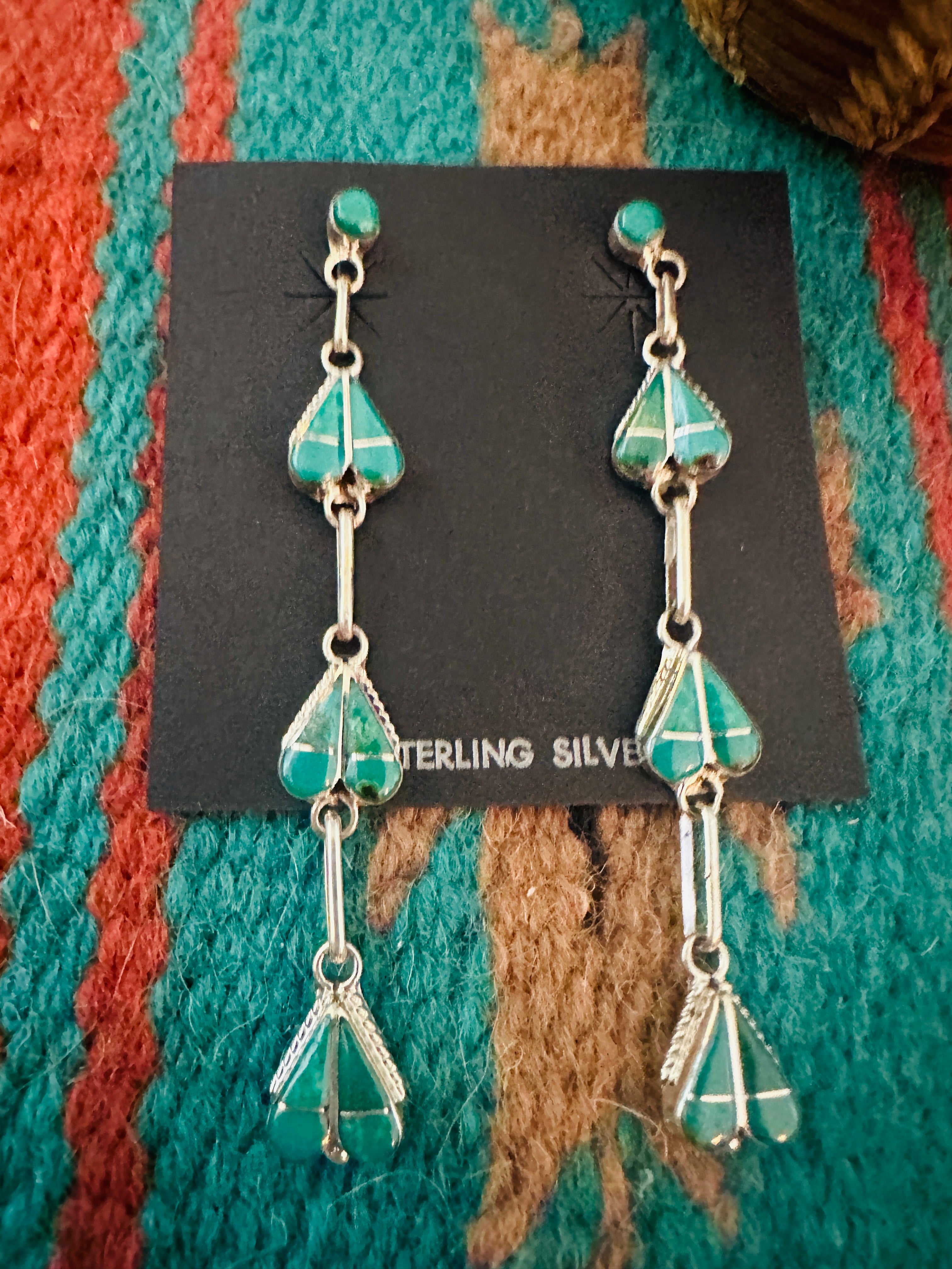 Handcrafted Sterling Silver & Turquoise Inlay Heart Dangle Earrings