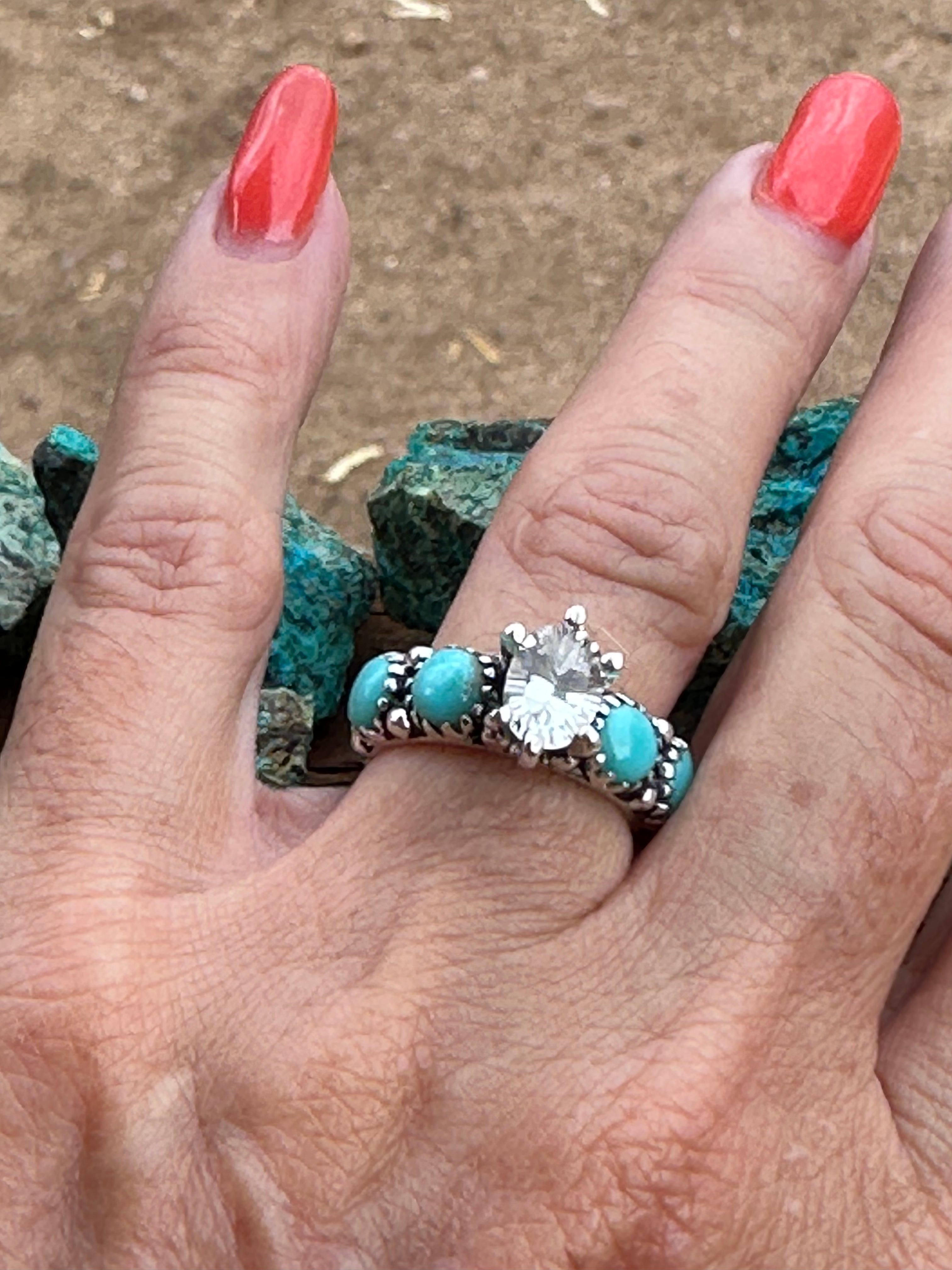 Kingman Turquoise & White Topaz Sterling Silver Forever Ring