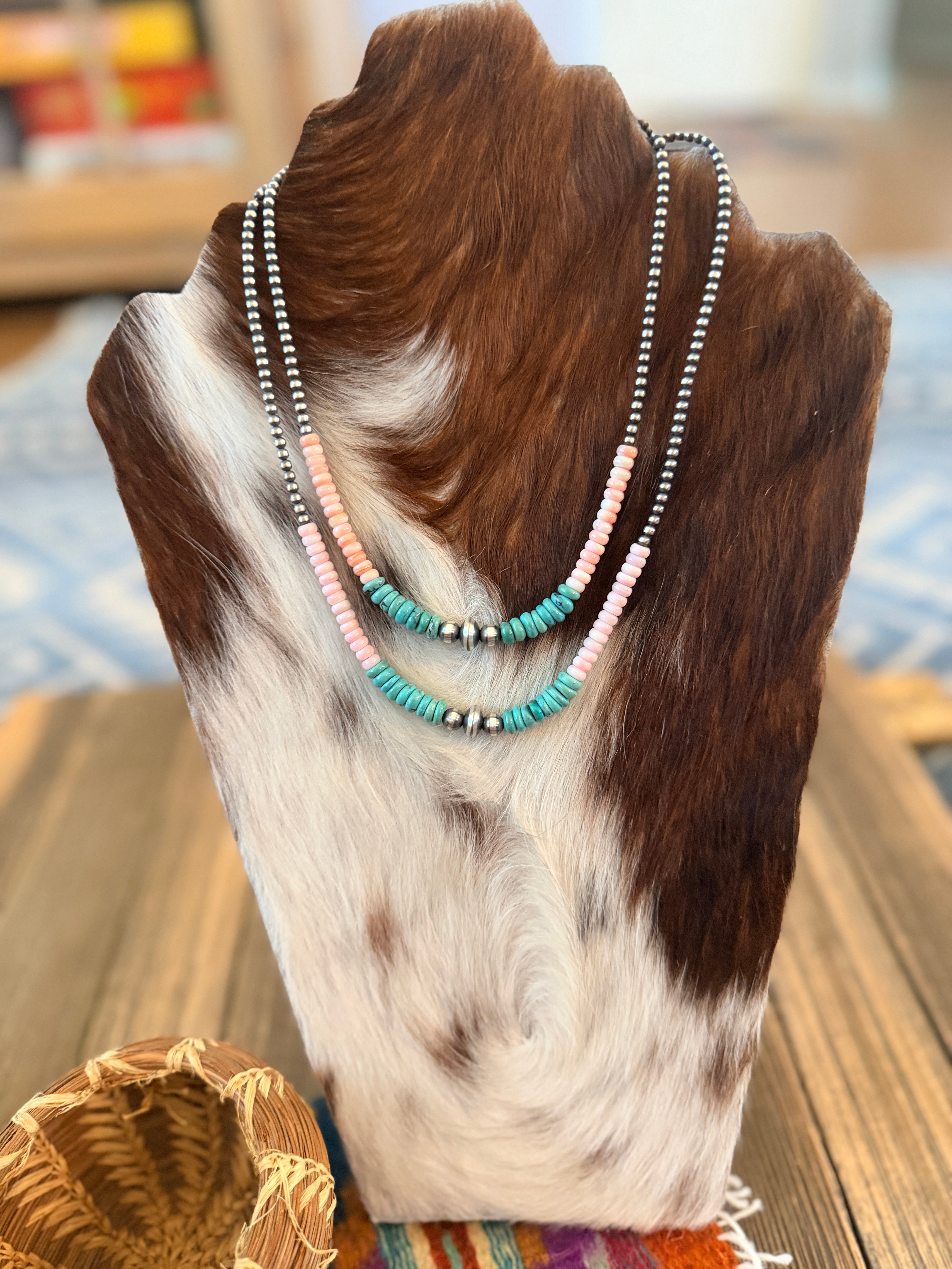 Handcrafted Turquoise, Queen Pink Conch and Sterling Silver Pearl Beaded Necklace