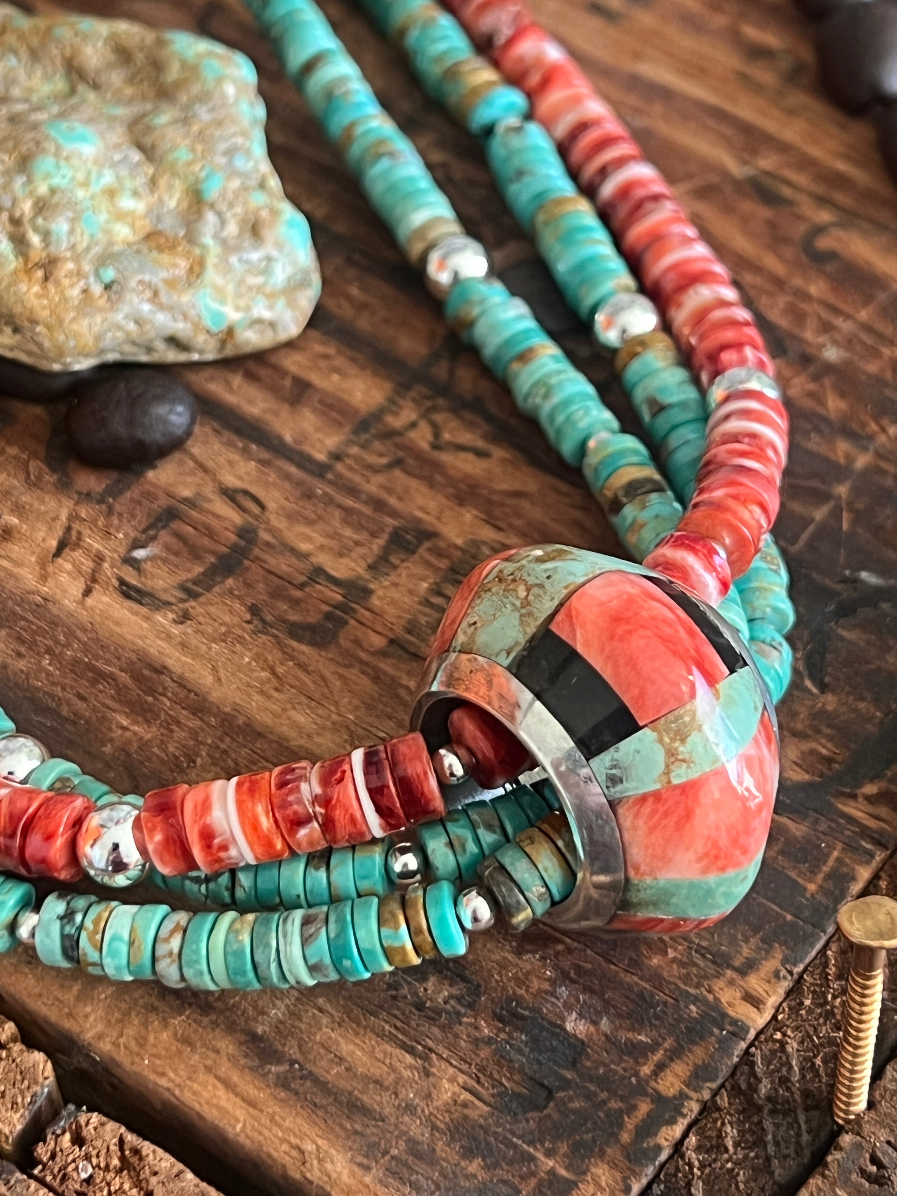 Daniel Coriz Triple Strand Spiny Oyster and Turquoise Beaded Necklace w/ Removable Sterling Silver & Stone Inlay Bead
