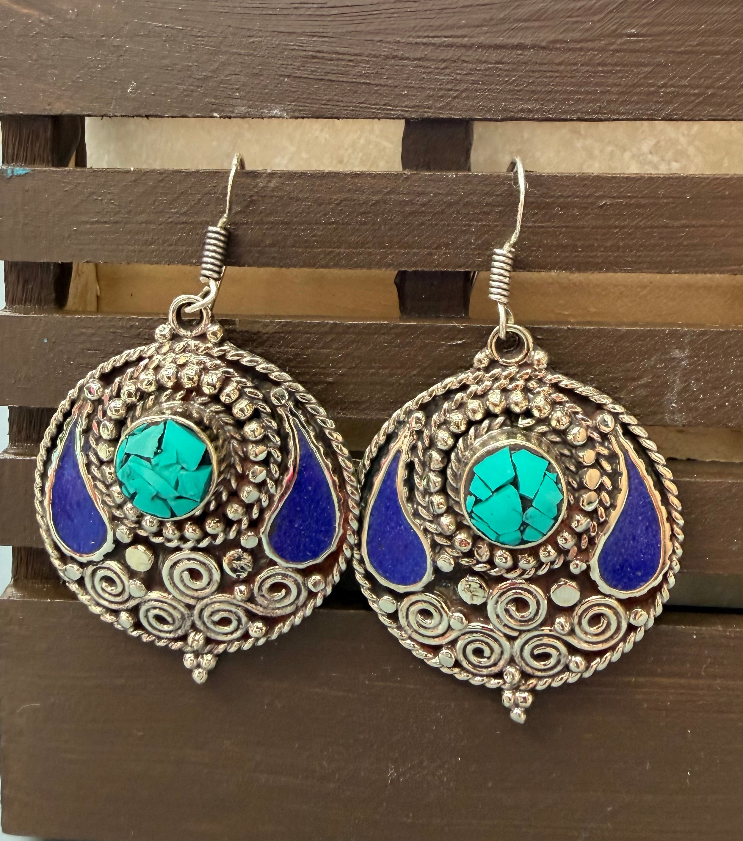 Turquoise & Lapis Ornate Disc Earrings – Boho Southwest Statement