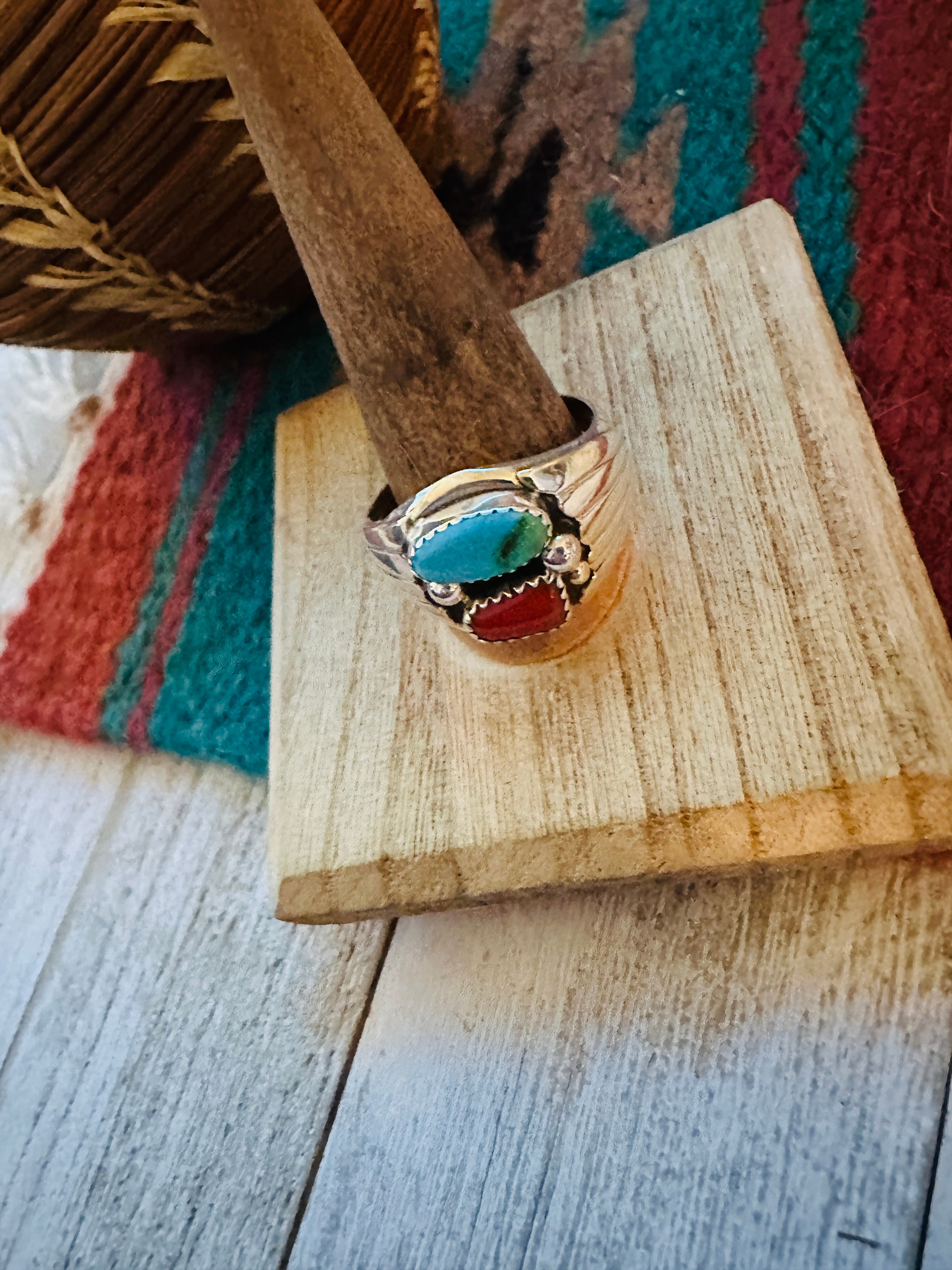 Handcrafted Turquoise, Coral & Sterling Silver Ring Size 13