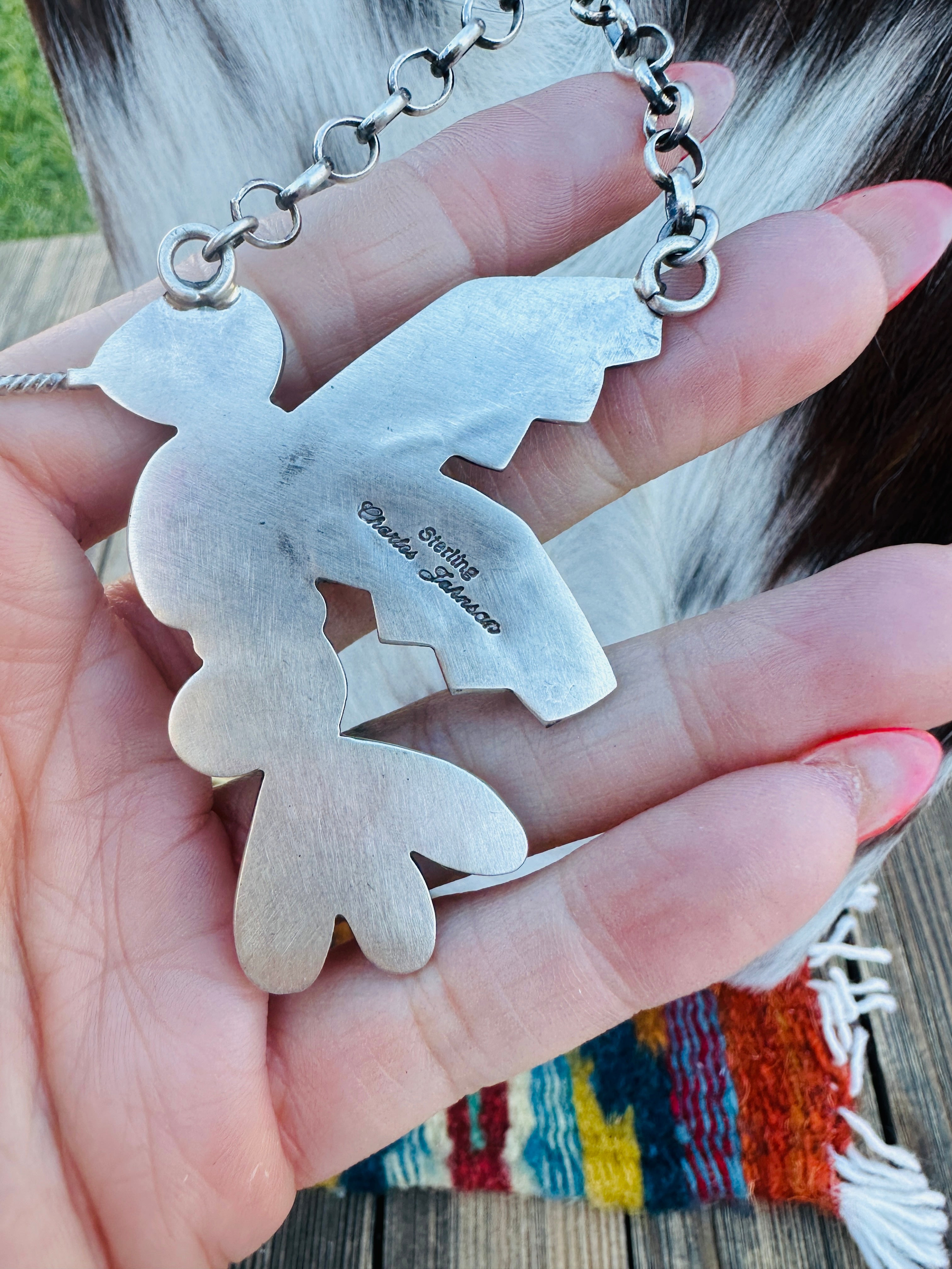 Handcrafted Sonoran Gold Turquoise & Sterling Silver Hummingbird Necklace by Charles Johnson