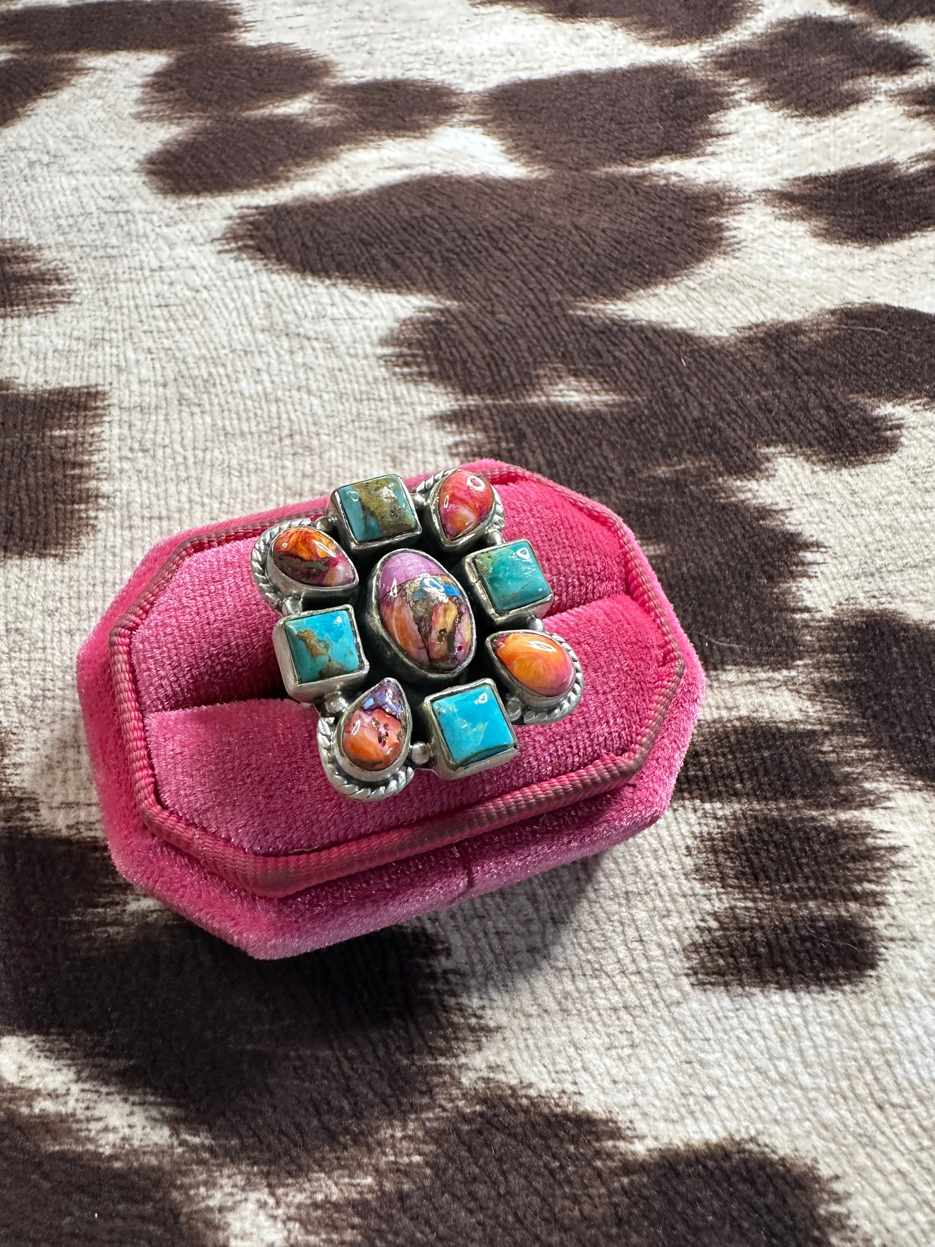 Handmade Pink Dream Mojave, Turquoise & Sterling Silver Adjustable Ring -multi stones