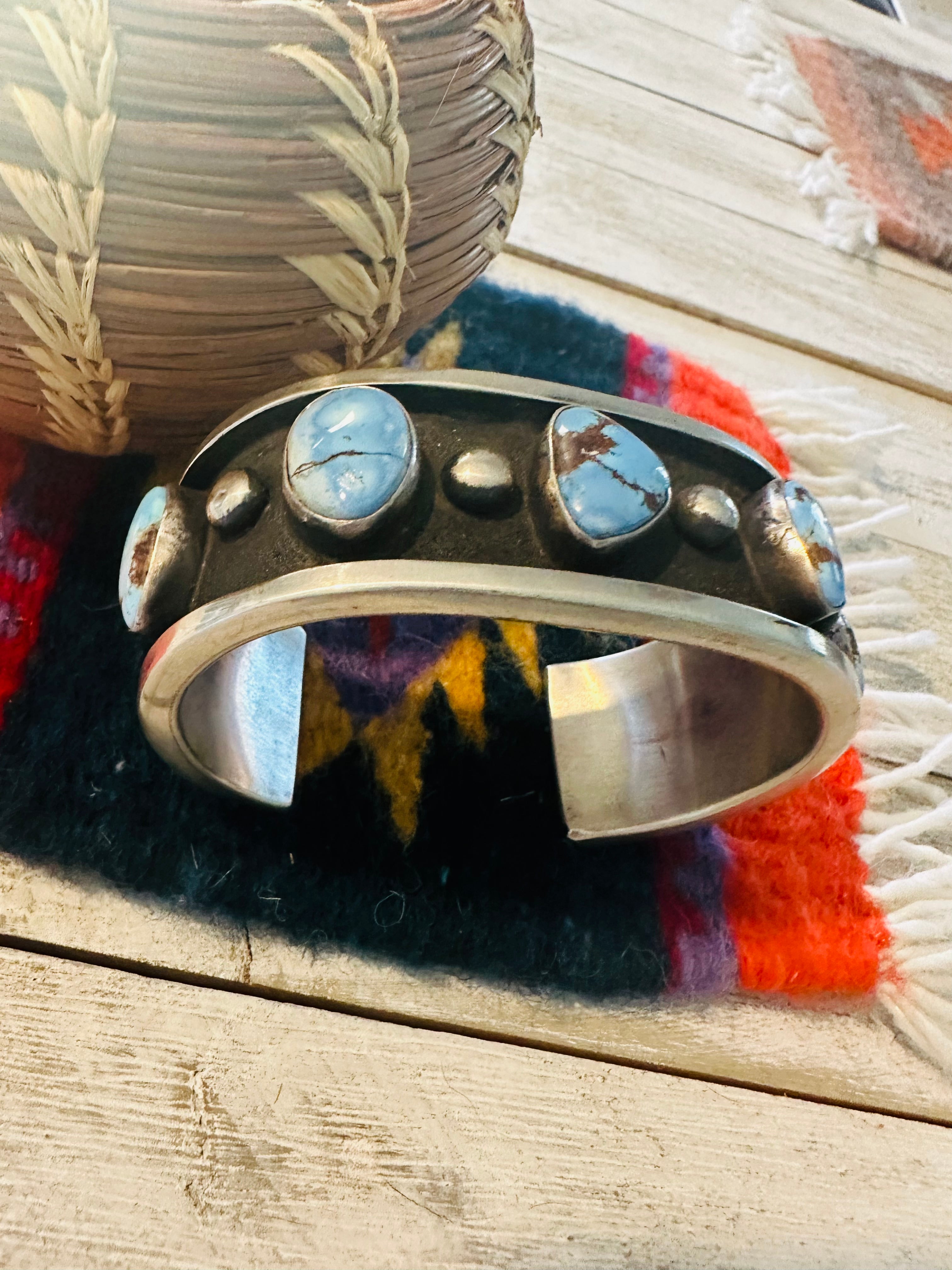 Handcrafted Golden Hills Turquoise & Sterling Silver Shadowbox Cuff Bracelet /