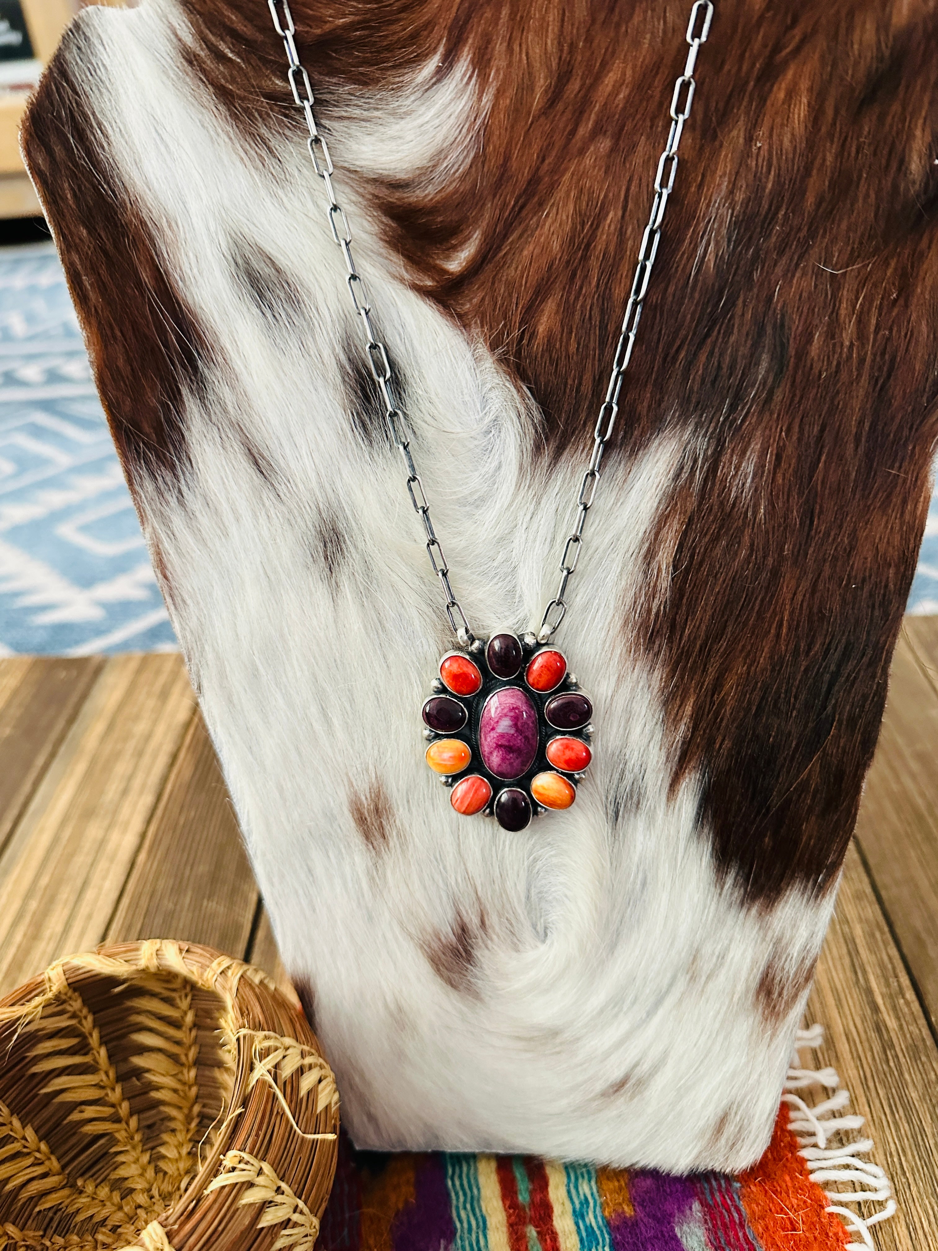 Handcrafted Multicolor Spiny Oyster & Sterling Silver Cluster Necklace by Sheila Becenti