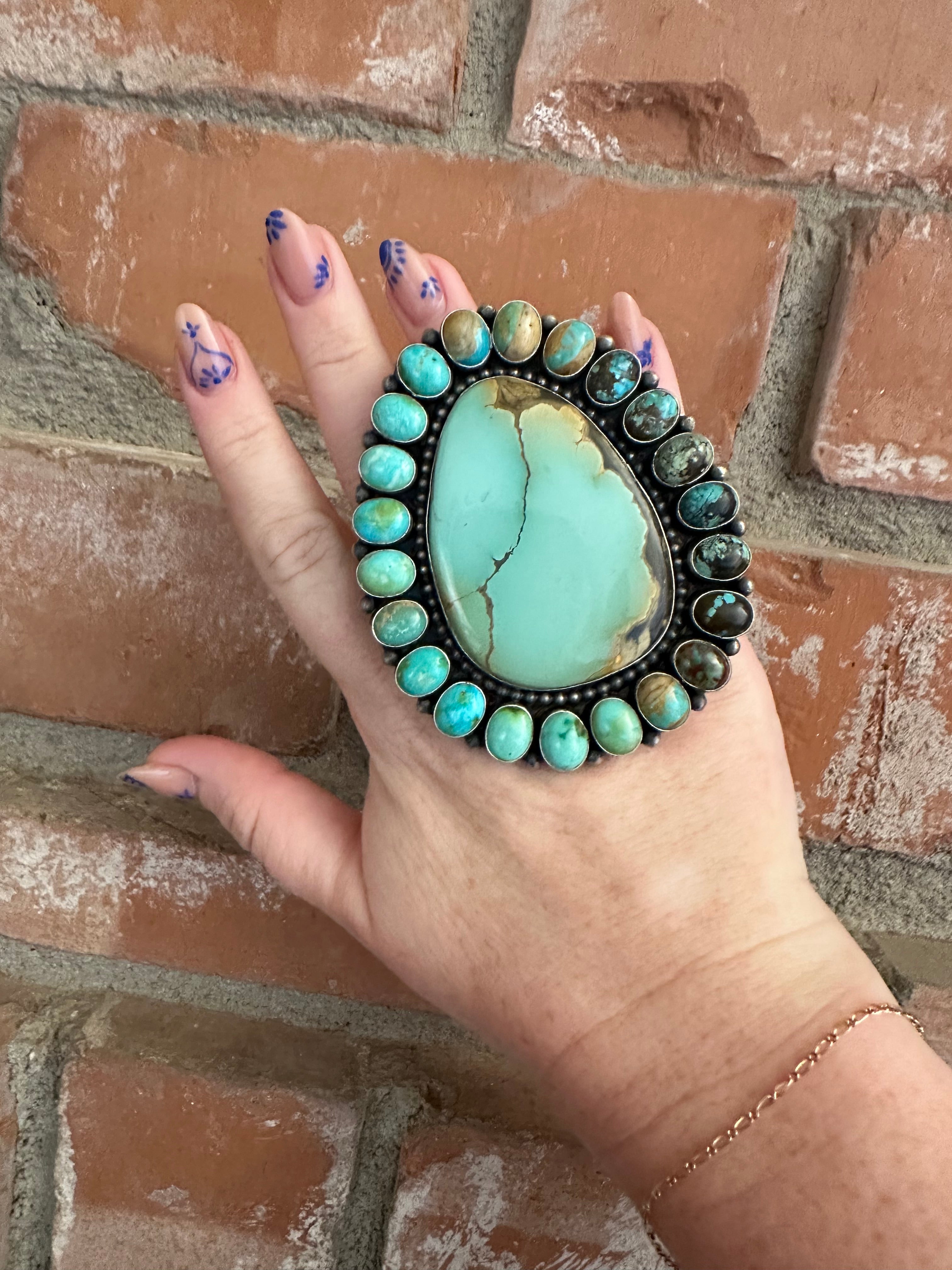 Beautiful Navajo Sterling Silver & Turquoise Statement Ring by Blaine Yellowhorse, Size 7