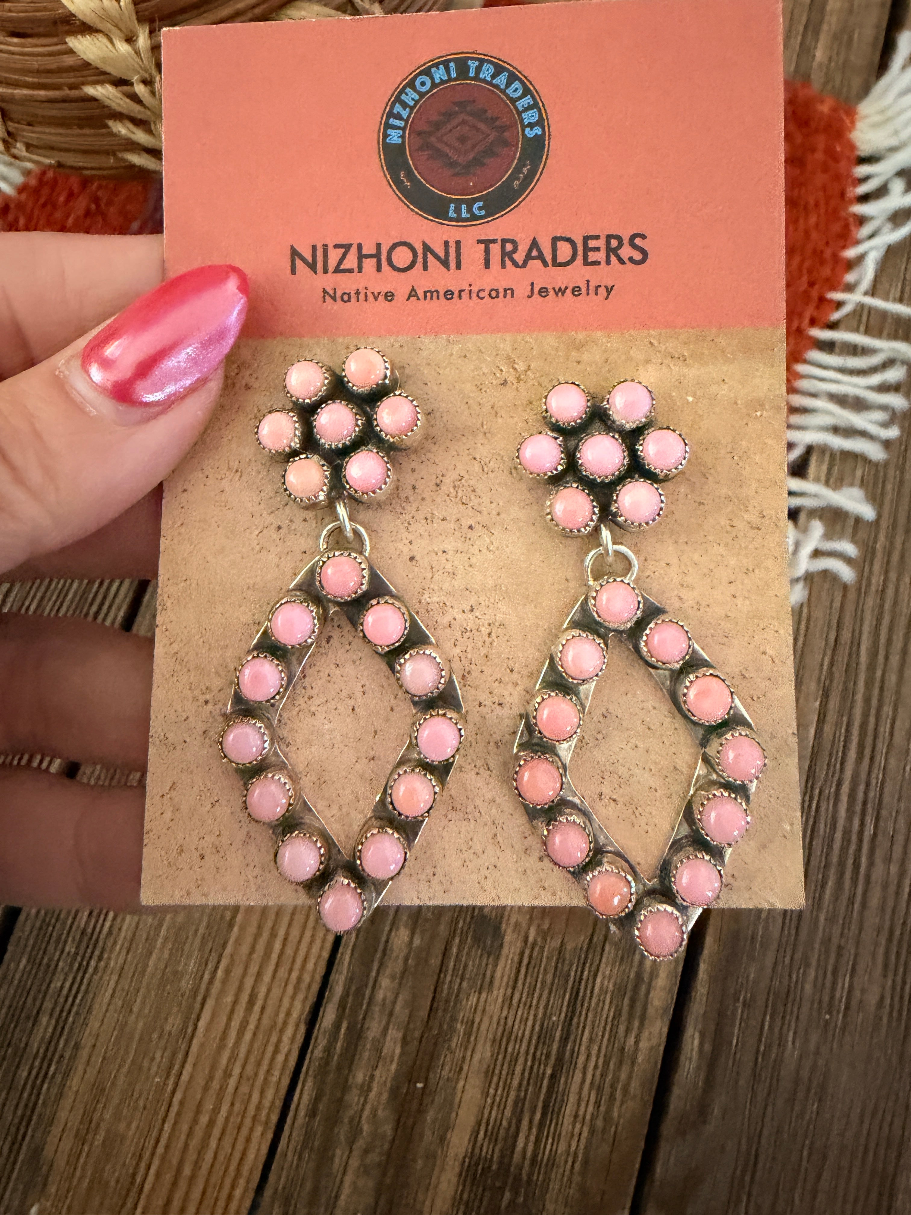 Handcrafted Queen Pink Conch & Sterling Silver Cluster Dangle Earrings