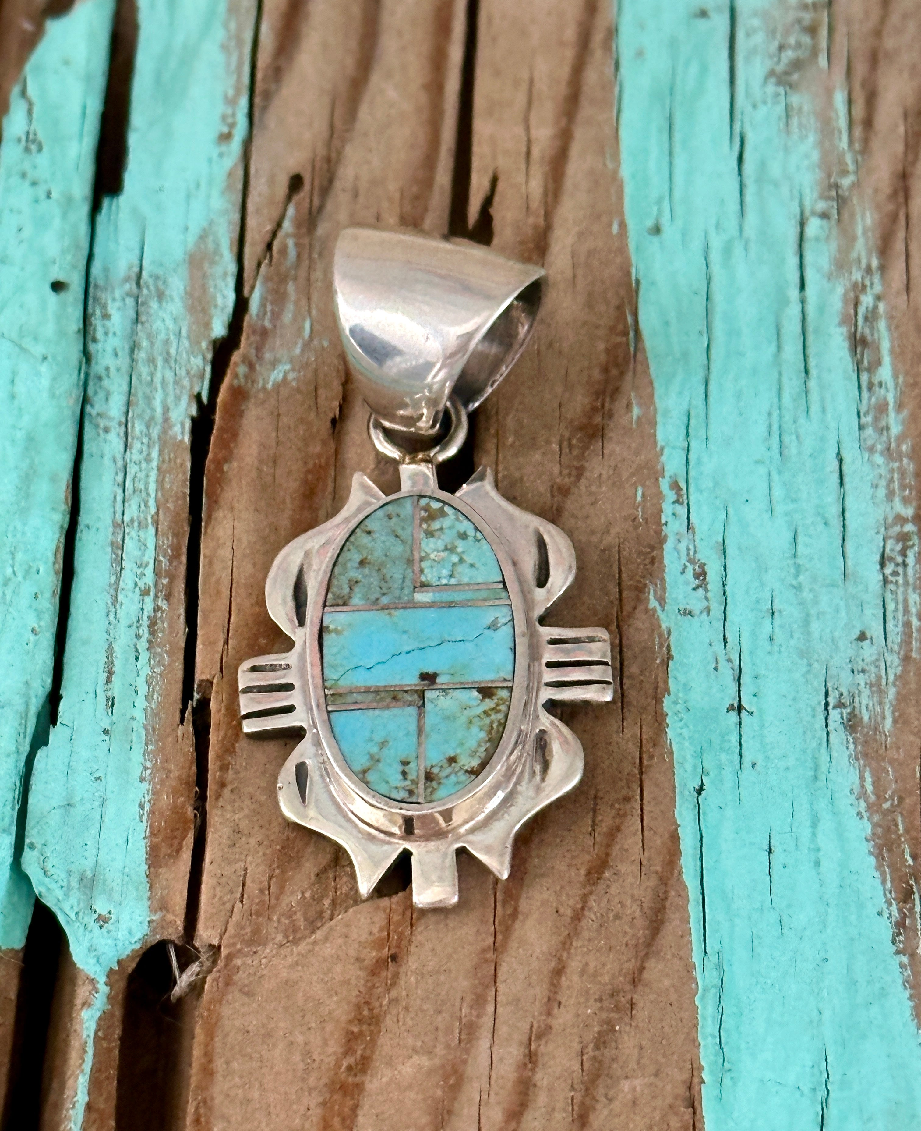 Handcrafted Turquoise 8 & Sterling Silver Jagged Oval Pendant