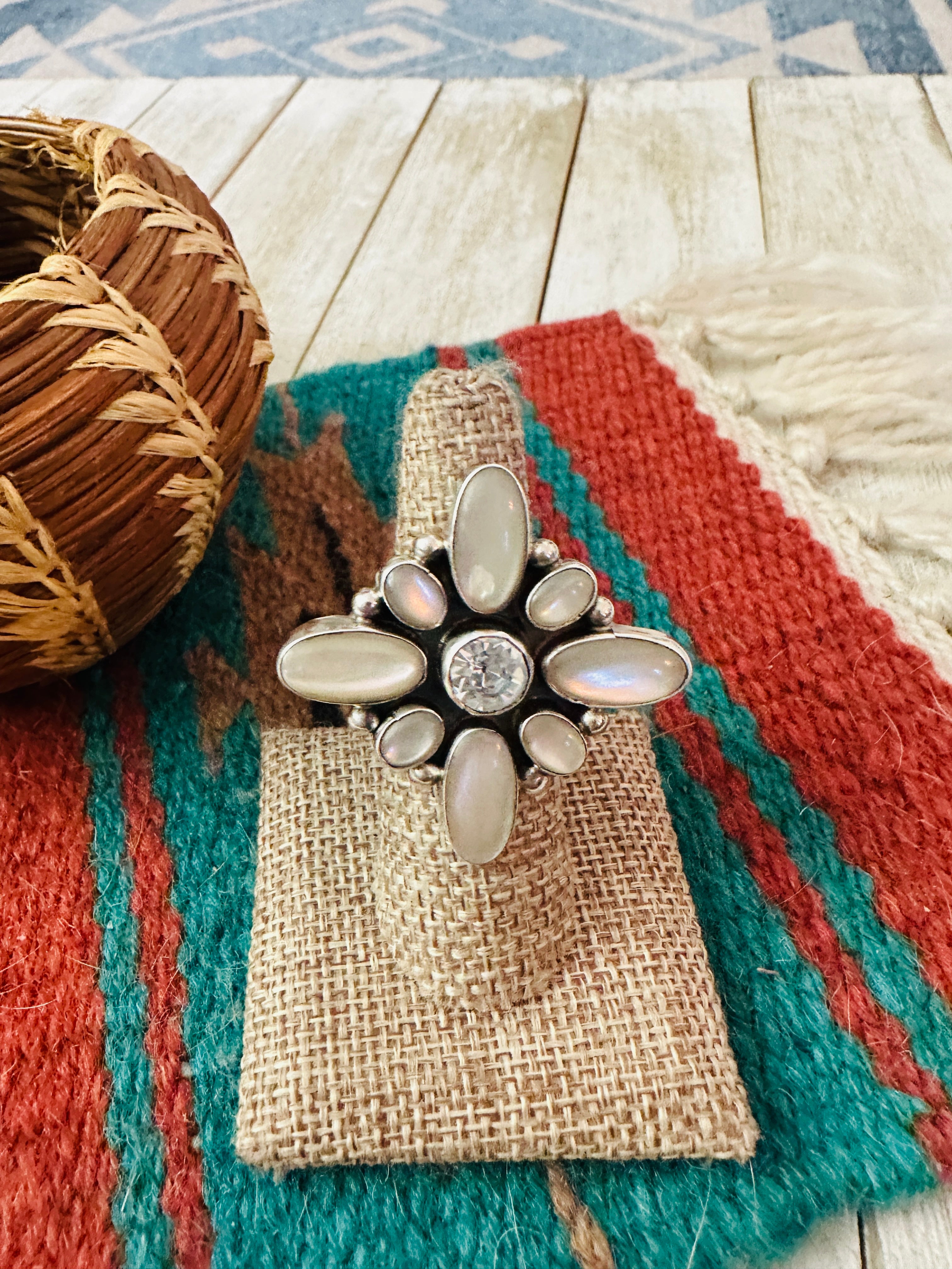 Handcrafted Mother of Pearl, CZ & Sterling Silver Adjustable Ring by Jacqueline Silver