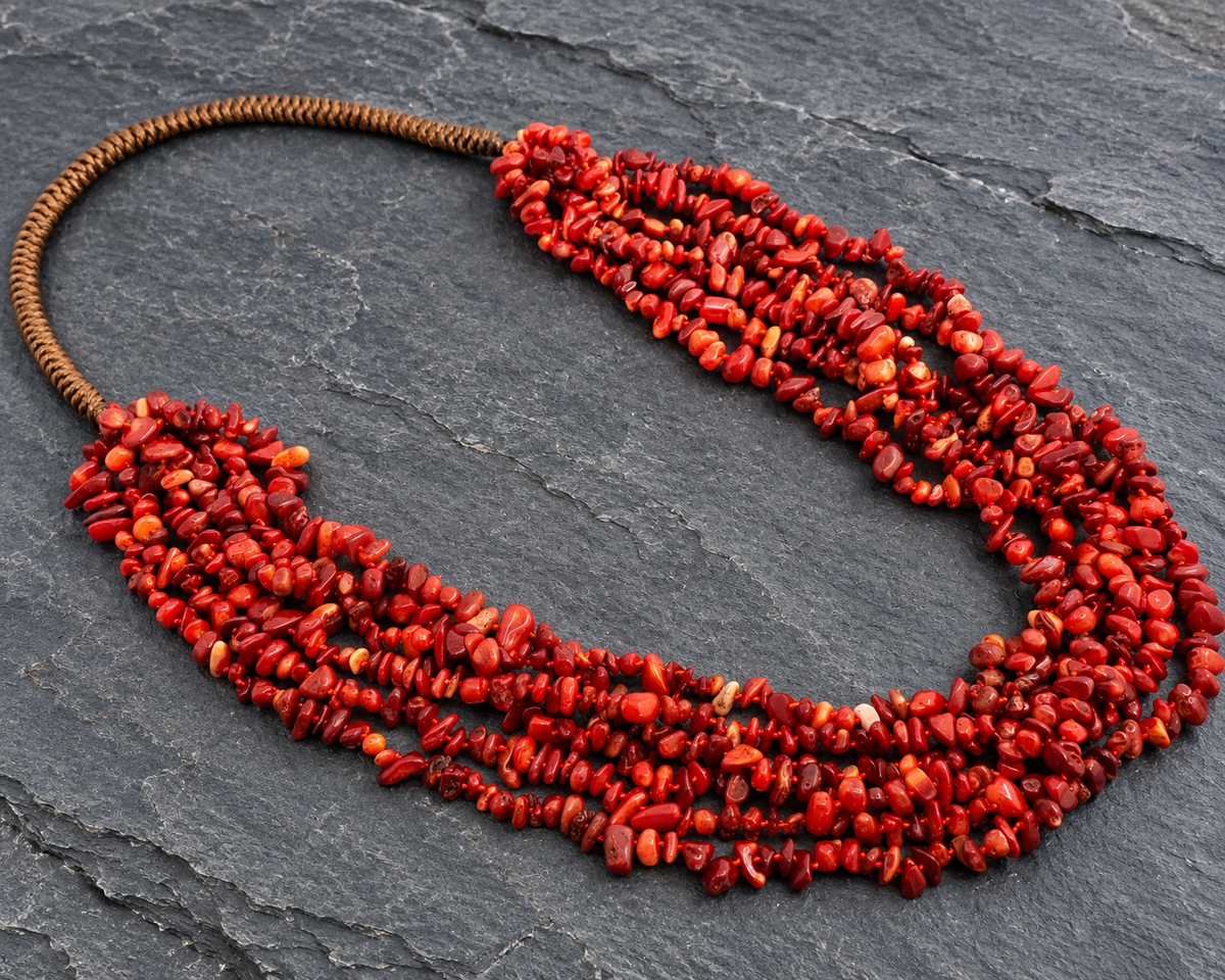 Multi-Strand Red Coral Chip Necklace