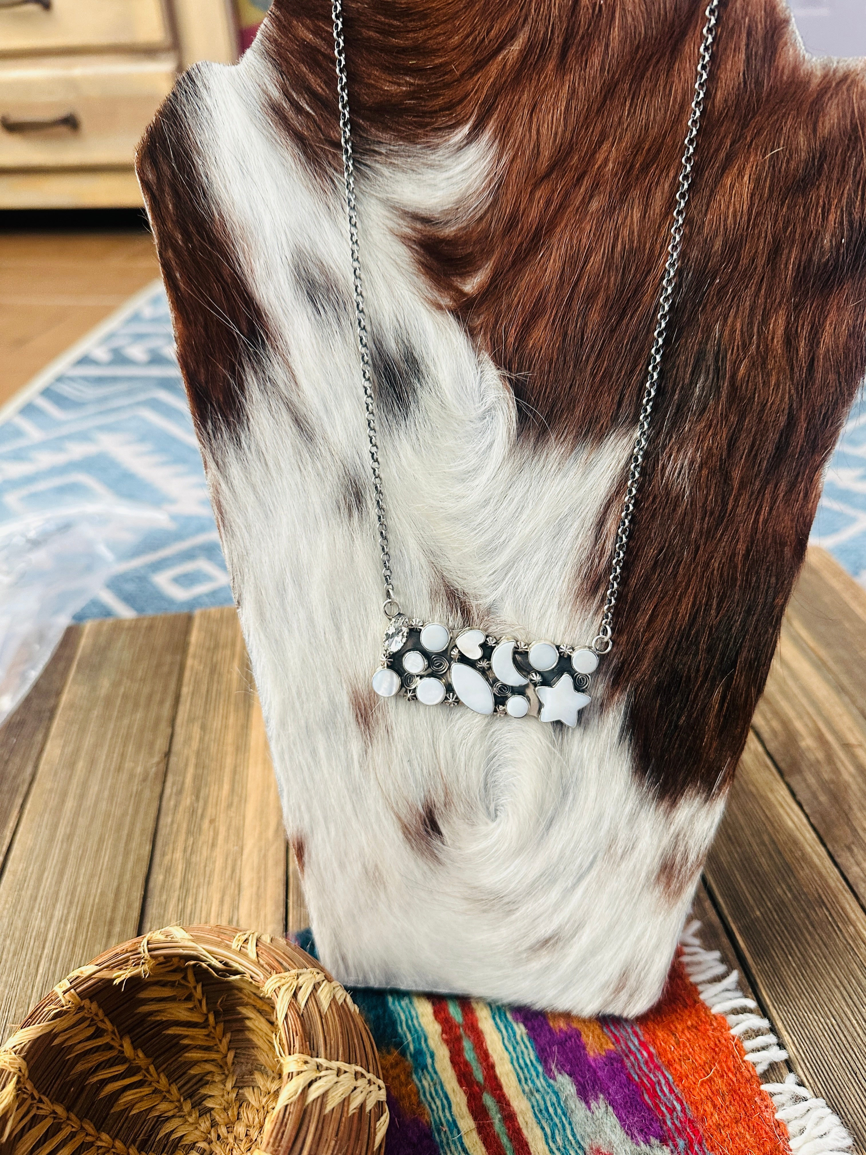 Handcrafted Mother of Pearl, CZ & Sterling Silver Bar Necklace by Jacqueline Silver