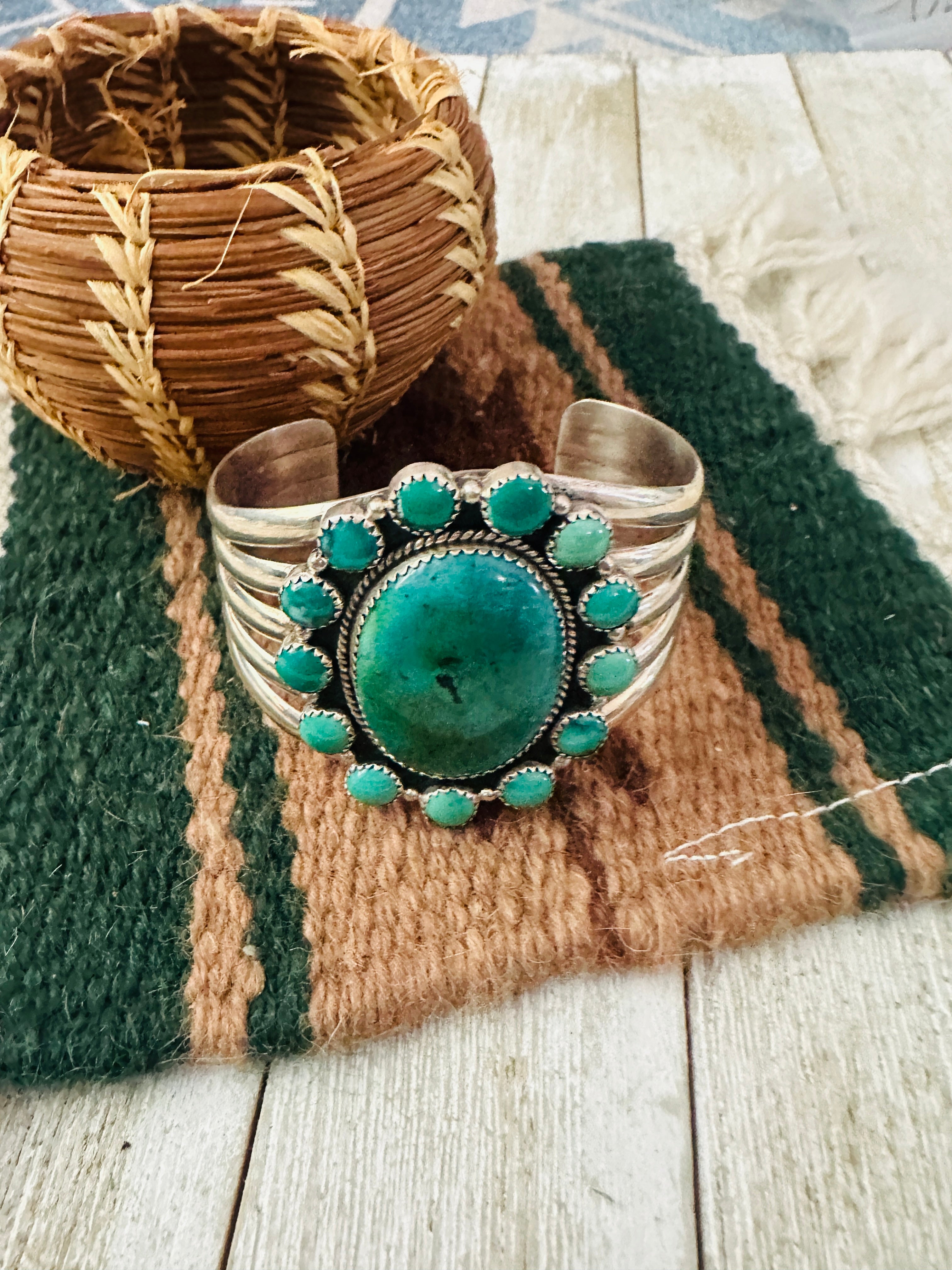 Handcrafted Old Pawn Turquoise & Sterling Silver Cluster Cuff Bracelet