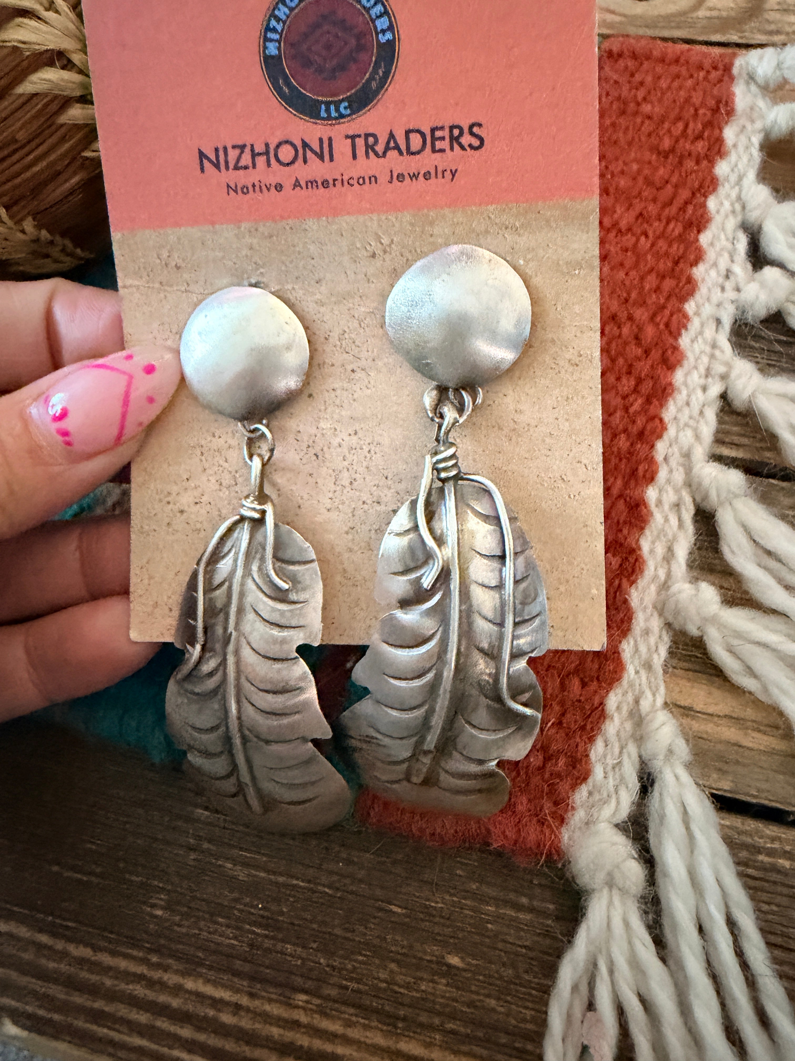 Handcrafted Sterling Silver Concho Feather Dangle Earrings