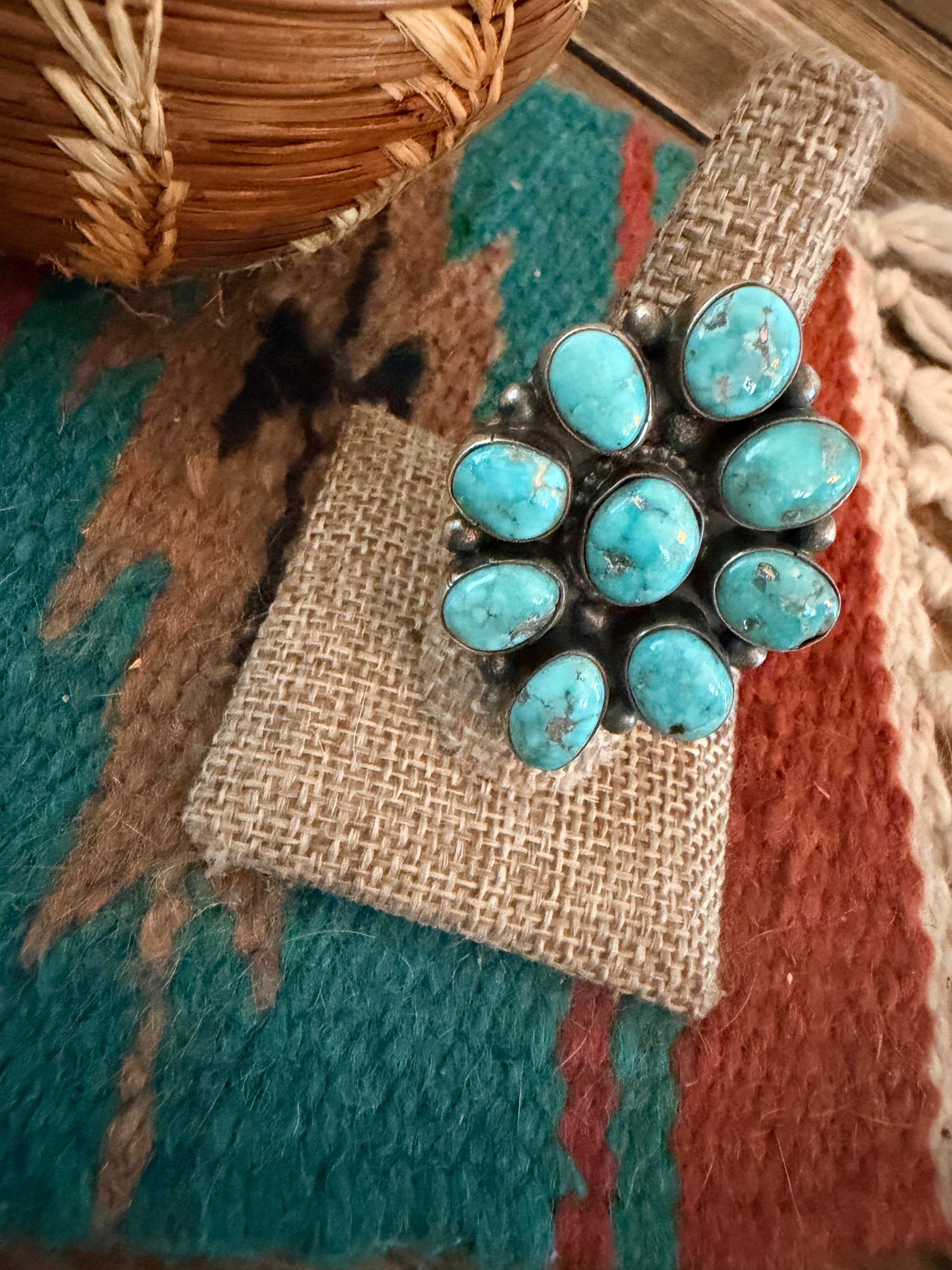 Handcrafted Turquoise & Sterling Silver Cluster Ring by Sheila Becenti Size 9.5
