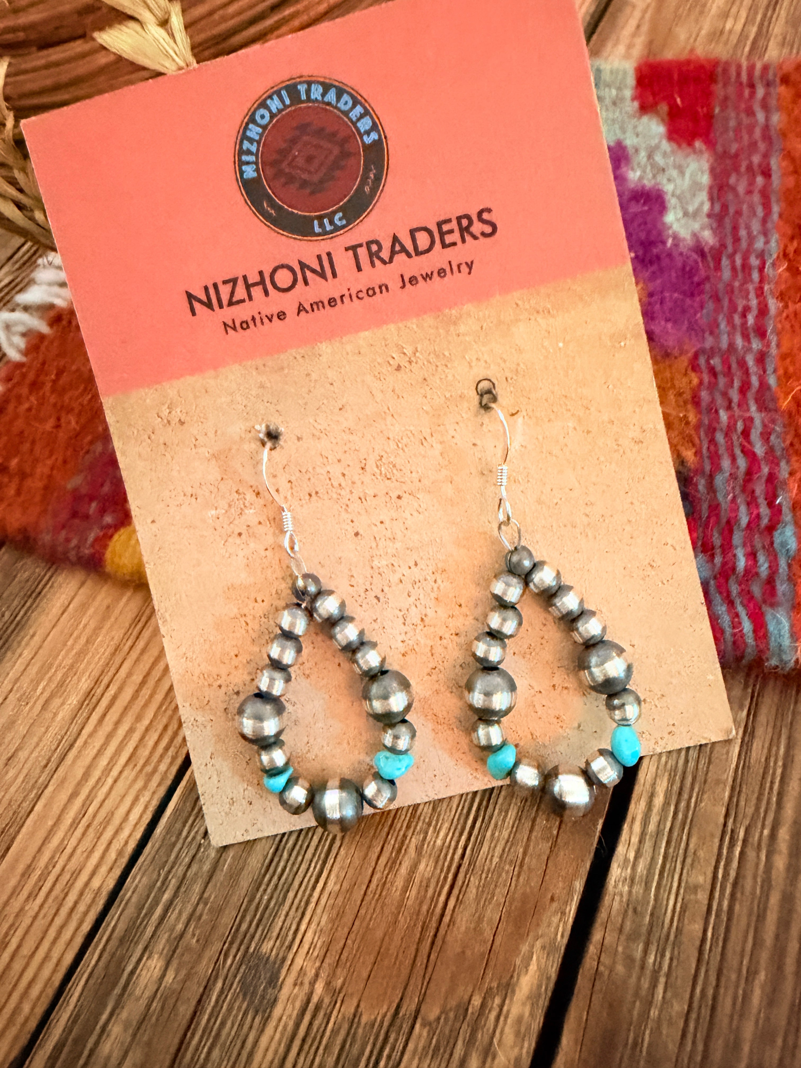 Handcrafted Turquoise & Sterling Silver Pearl Beaded Dangle Hoop Earrings