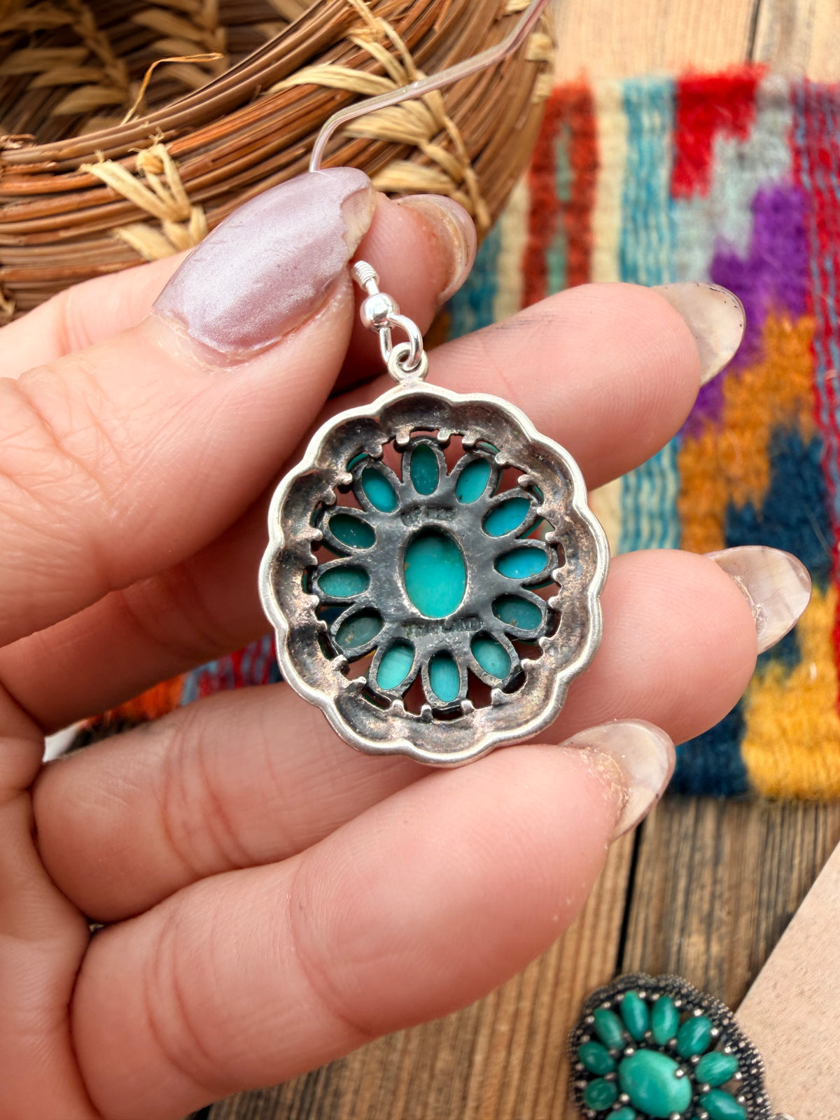 Old Pawn Handmade Sterling Silver & Turquoise Cluster Dangle Earrings