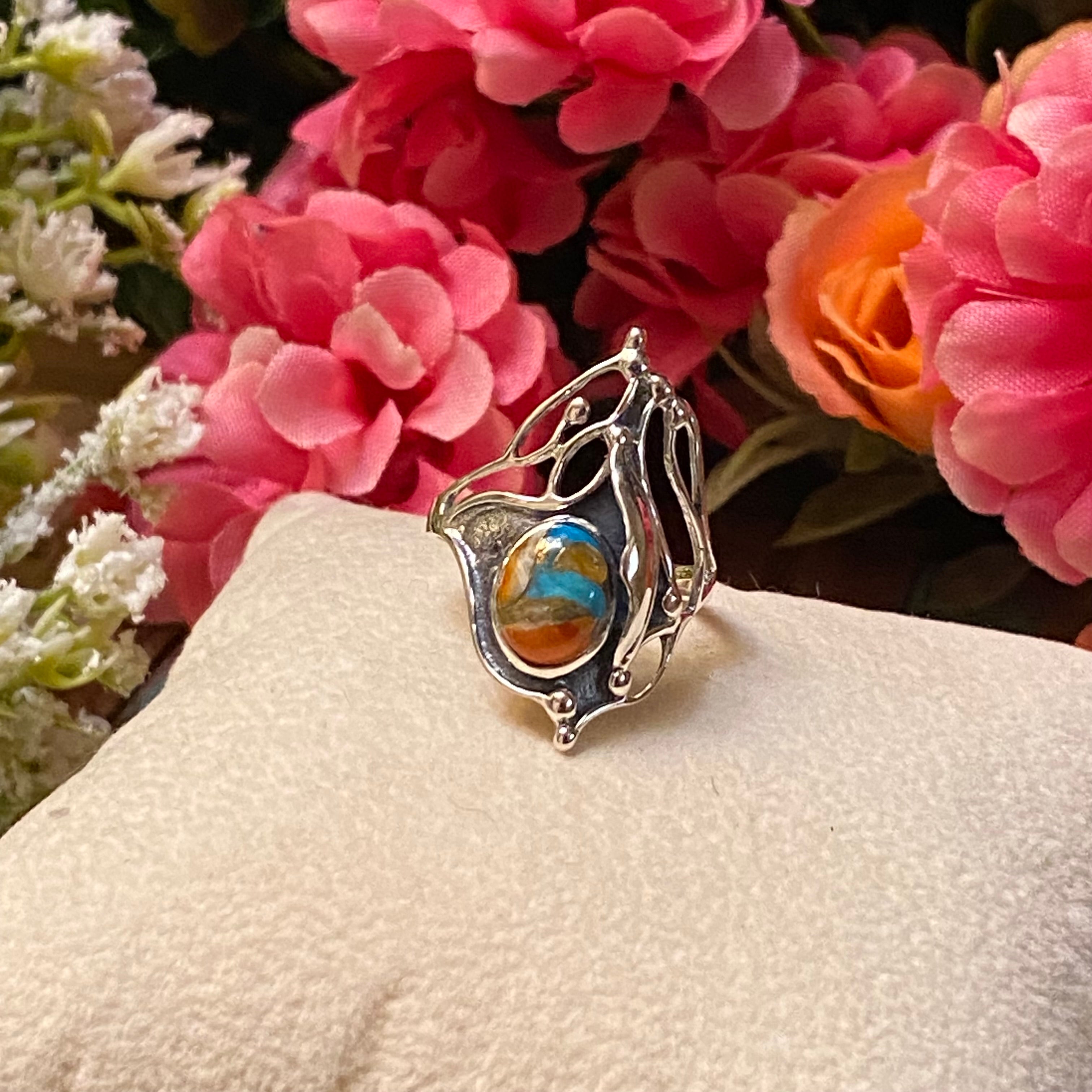 Sterling Silver Orange Spiny Turquoise Intricate Etched Ring Size 7.5