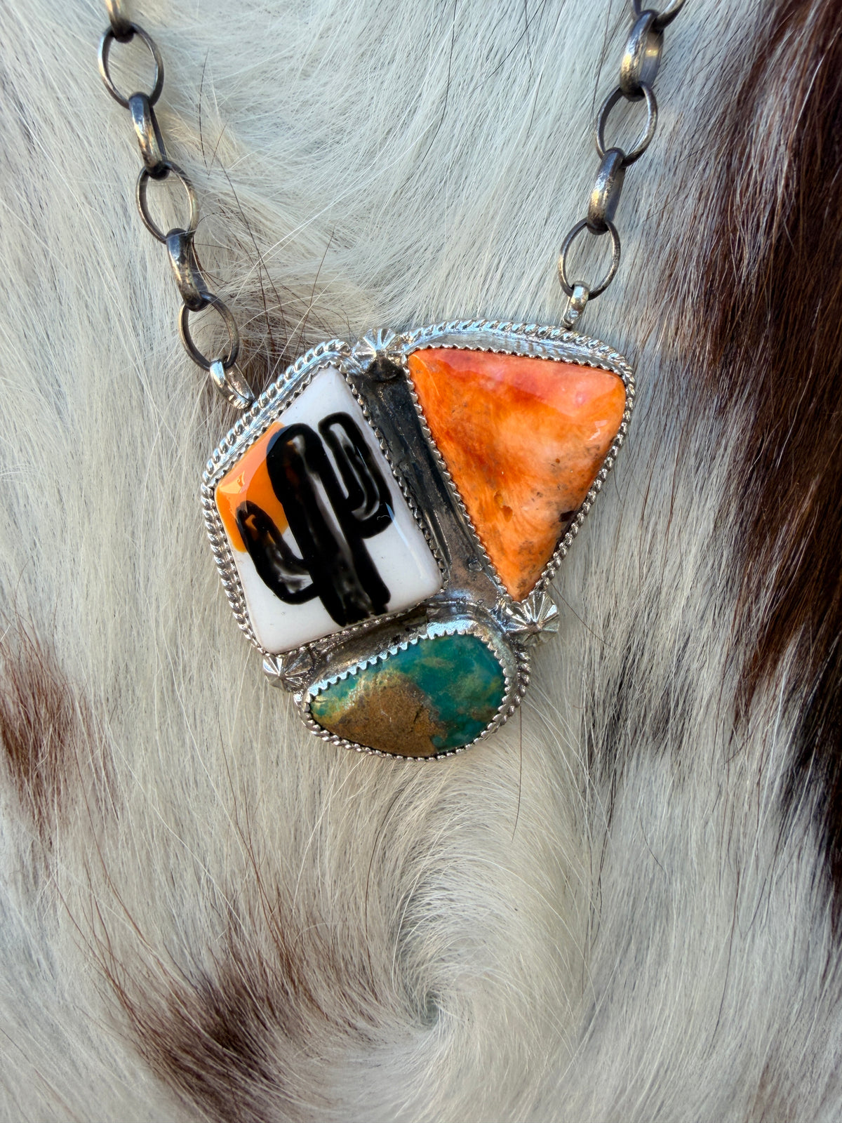 Handmade Sterling Silver & Multi Stone Painted Cactus Necklace
