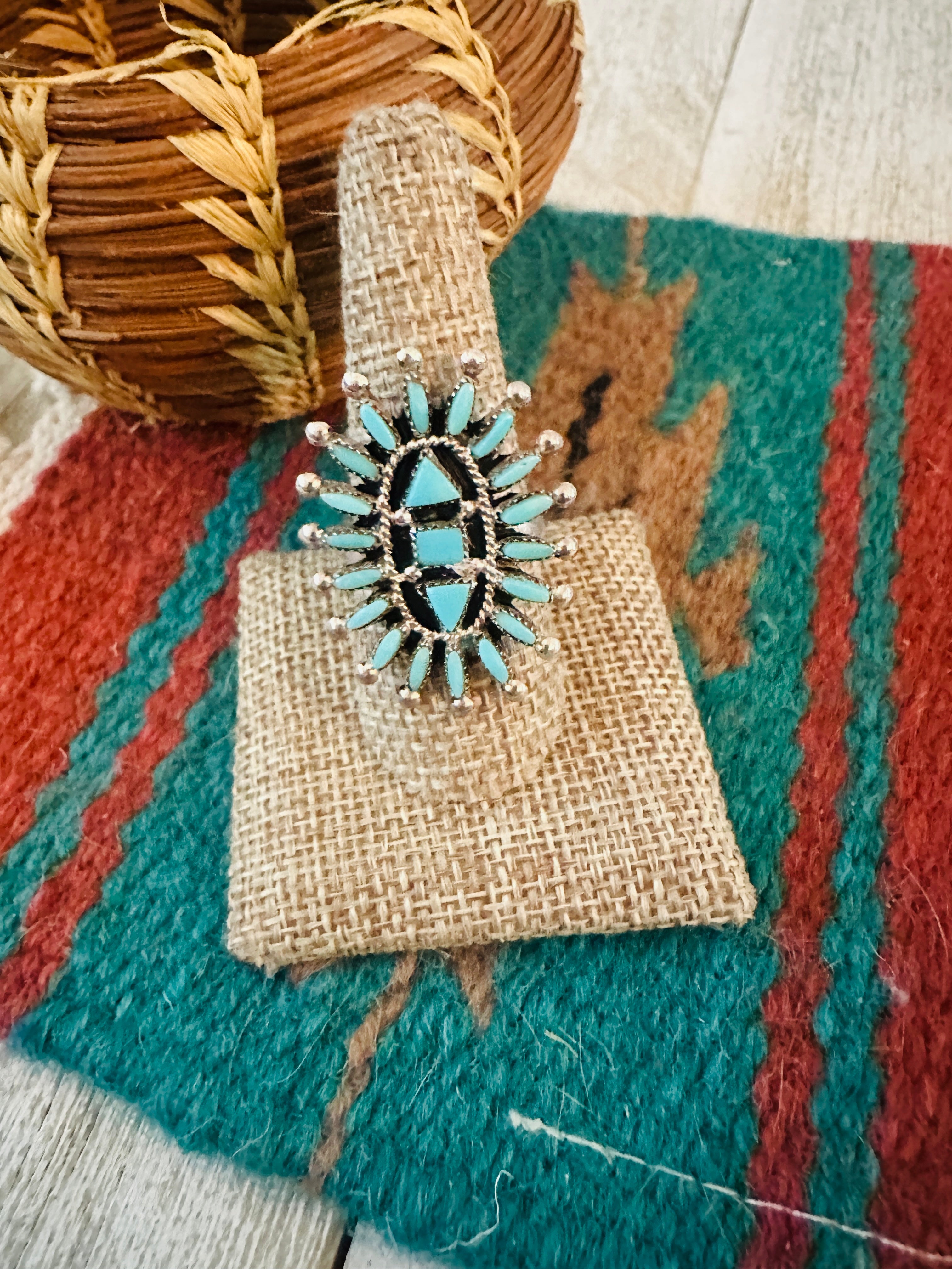 Handcrafted Sterling Silver & Turquoise Needlepoint Ring Size 9.5