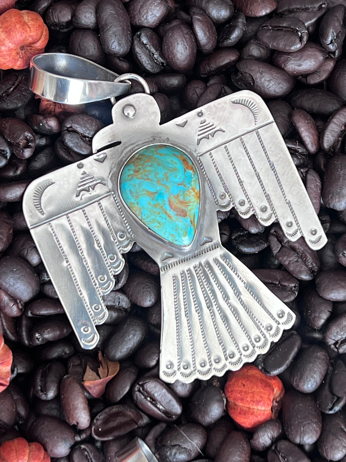 Kimari Somers Hand Stamped Sterling Silver & Kingman Turquoise Thunderbird Pendant 5