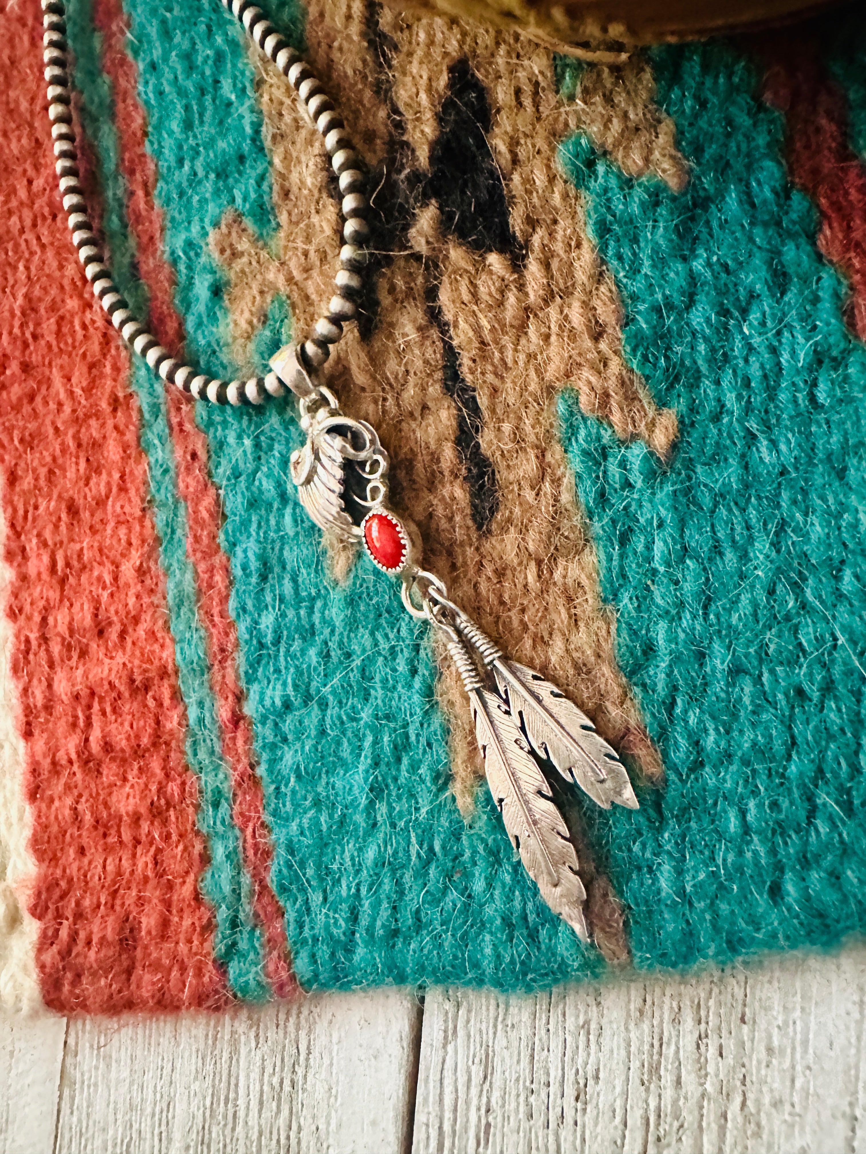 Handcrafted Coral & Sterling Silver Feather Pendant