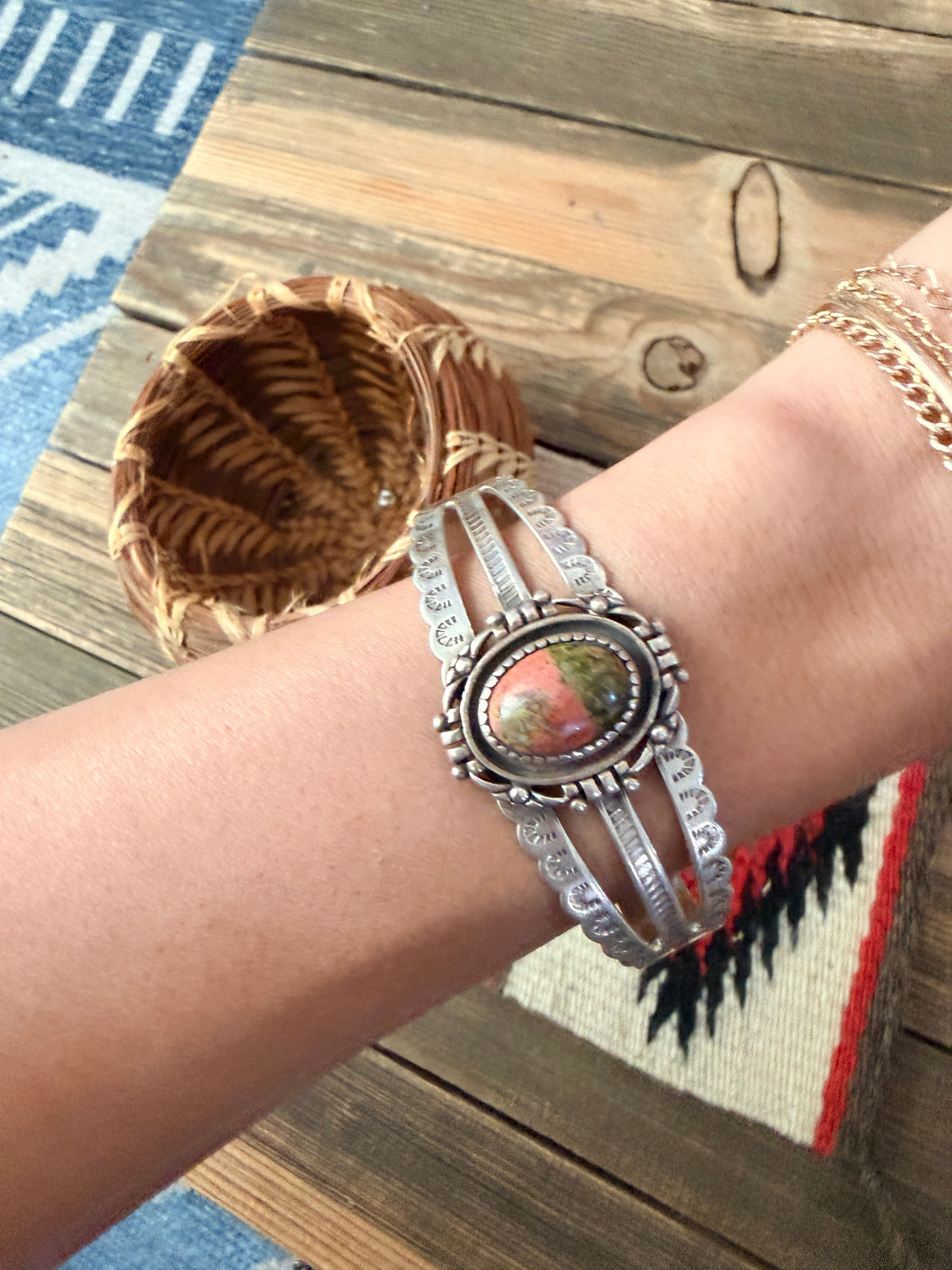 Handcrafted Old Pawn Unakite & Sterling Silver Cuff Bracelet