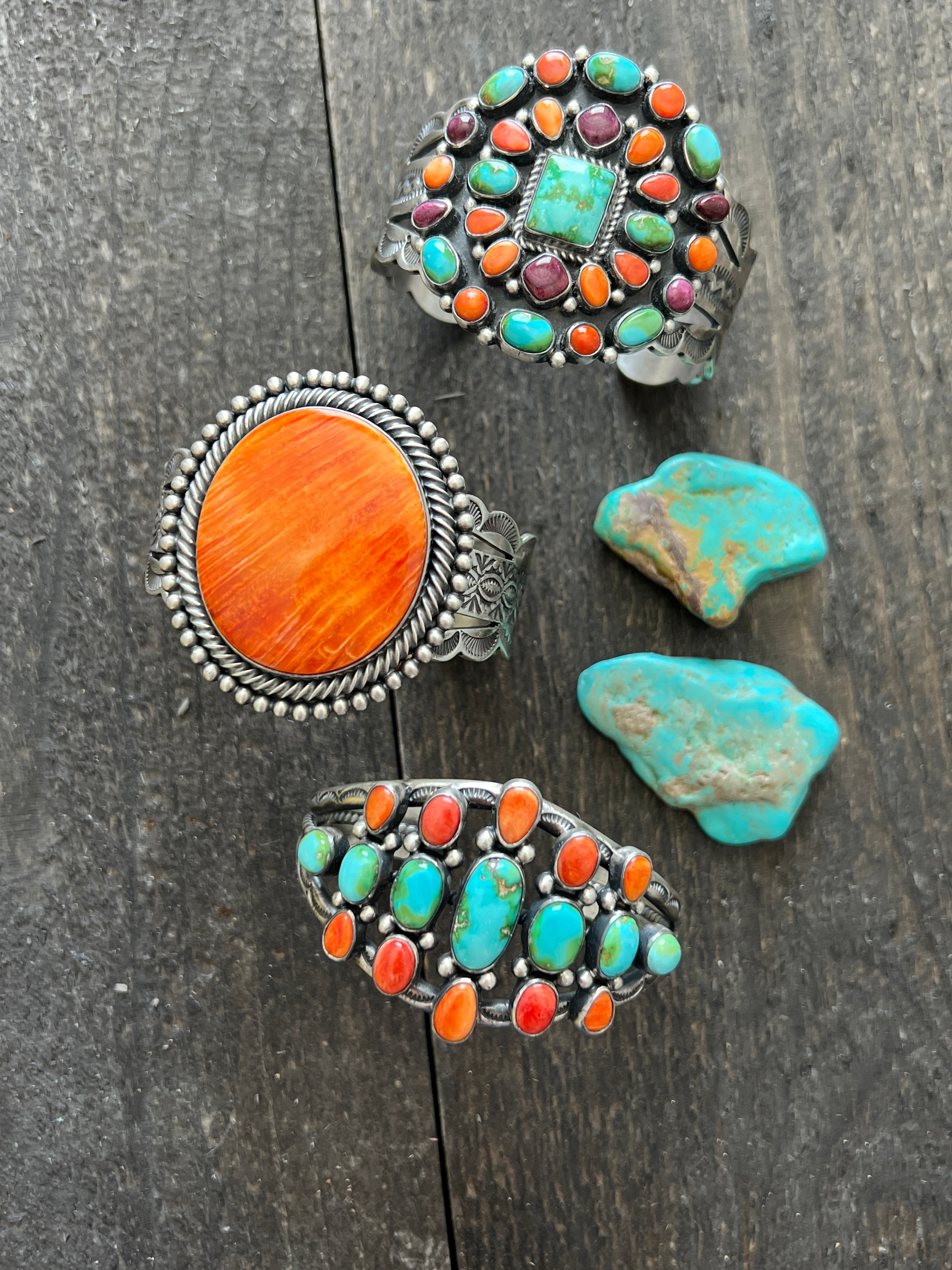 Hand Stamped Sterling Silver, Sonoran Turquoise and Spiny Oyster Shell Cluster Cuff Bracelet by Diane Wylie /