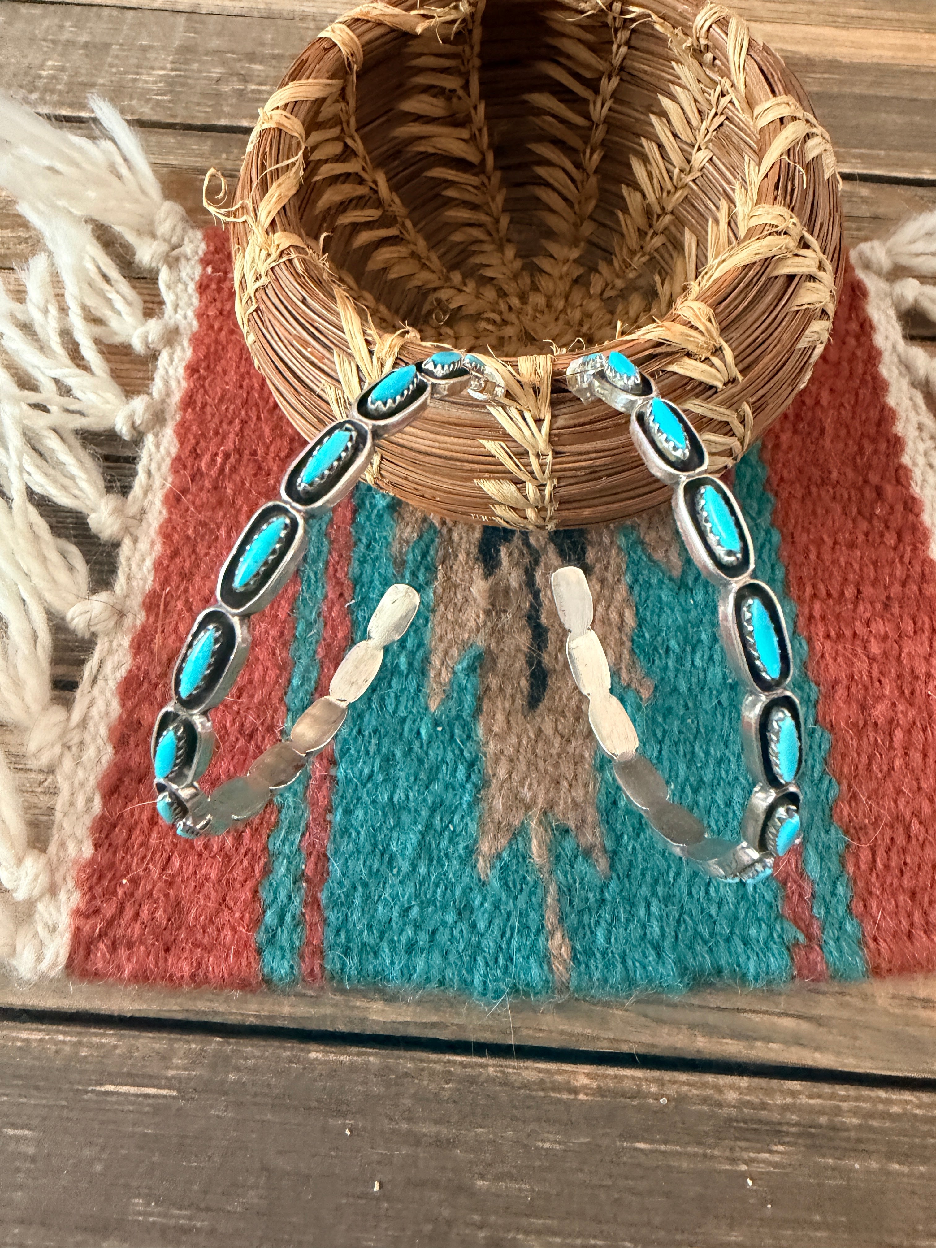Handcrafted Turquoise & Sterling Silver Shadowbox Hoop Earrings