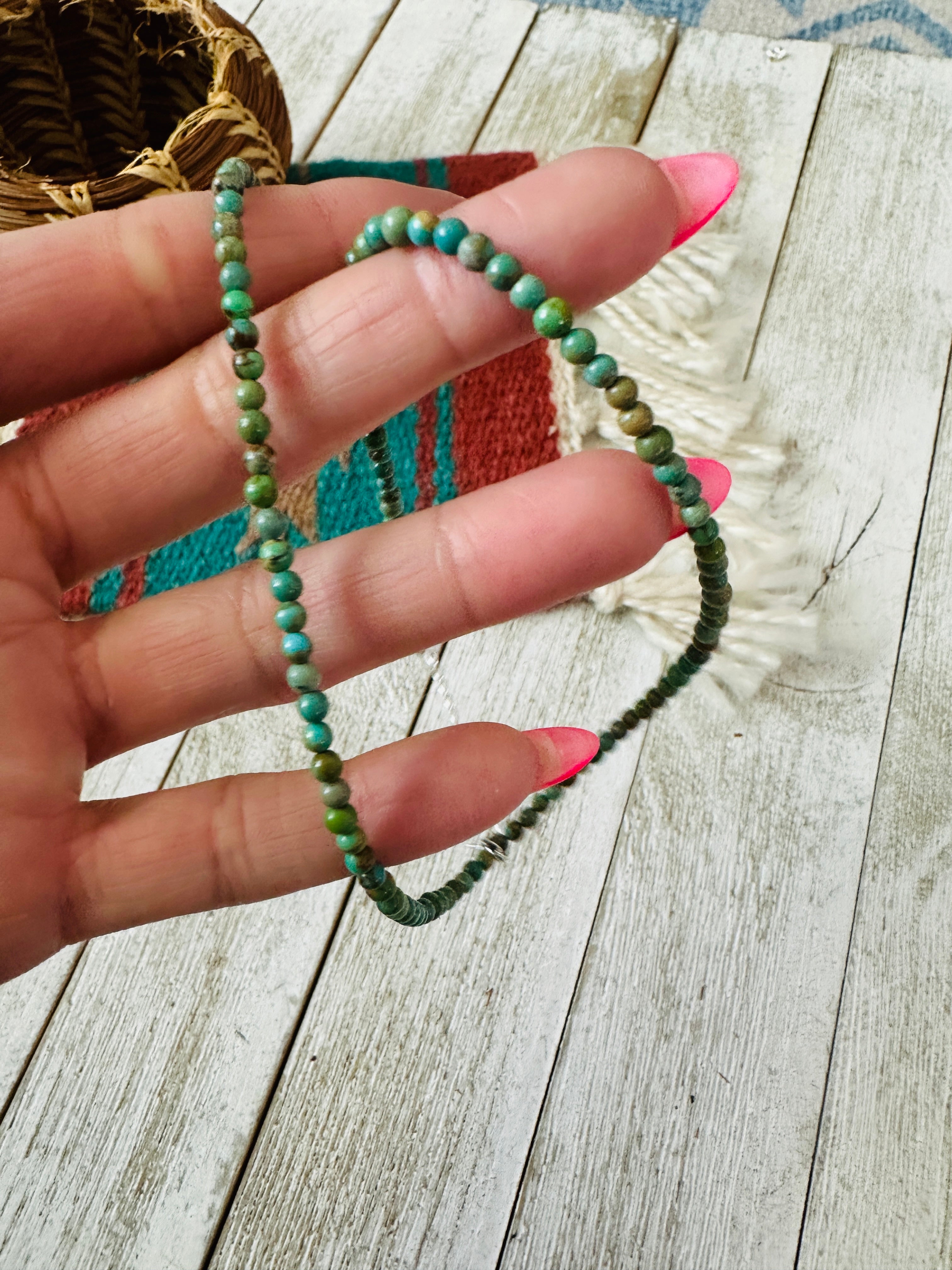 Handcrafted Turquoise & Sterling Silver Beaded Necklace W/ Extender- Green