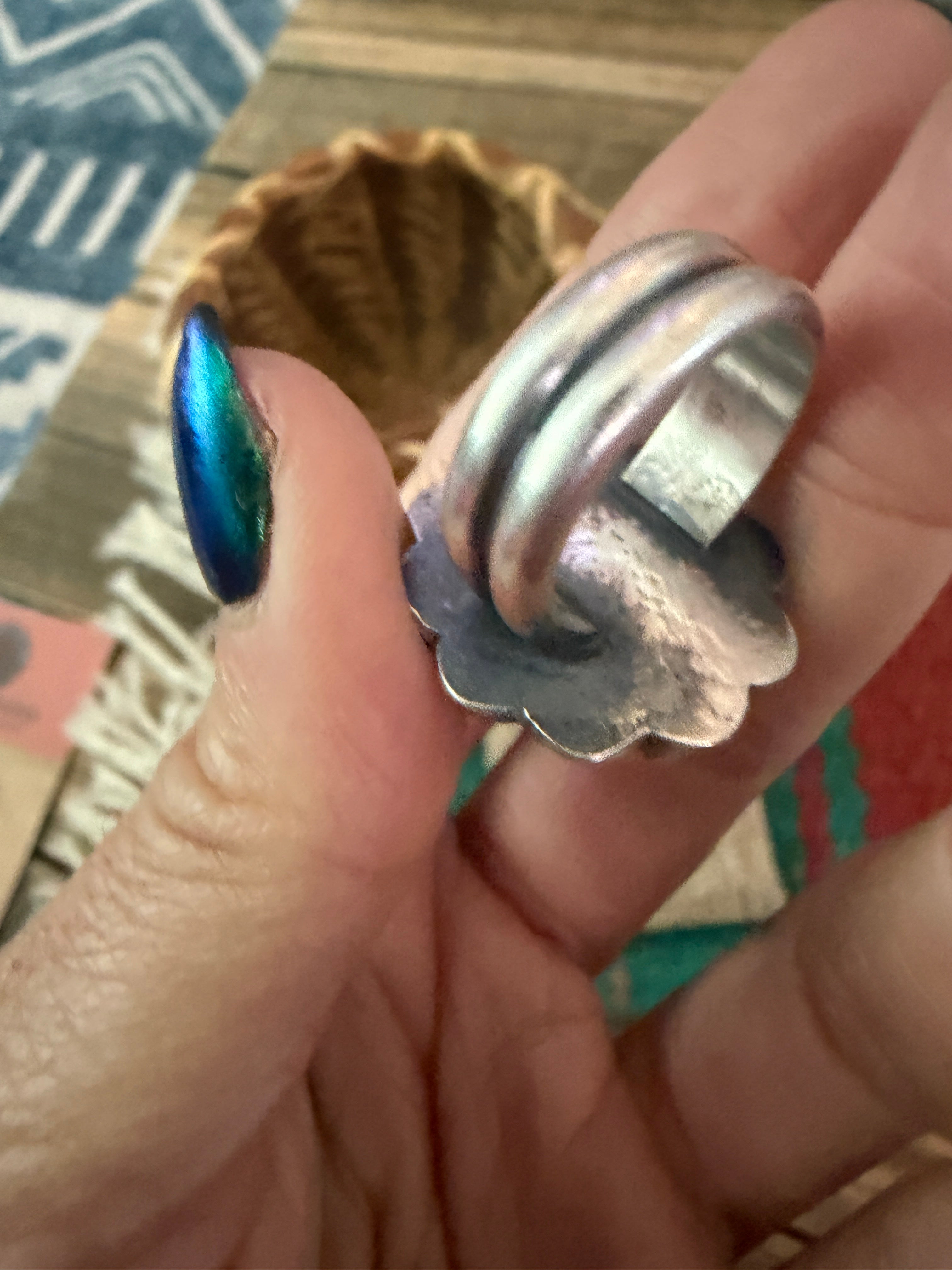 Handcrafted White Buffalo, Turquoise and Sterling Silver Flower Ring size 6.25 by Chimney Butte