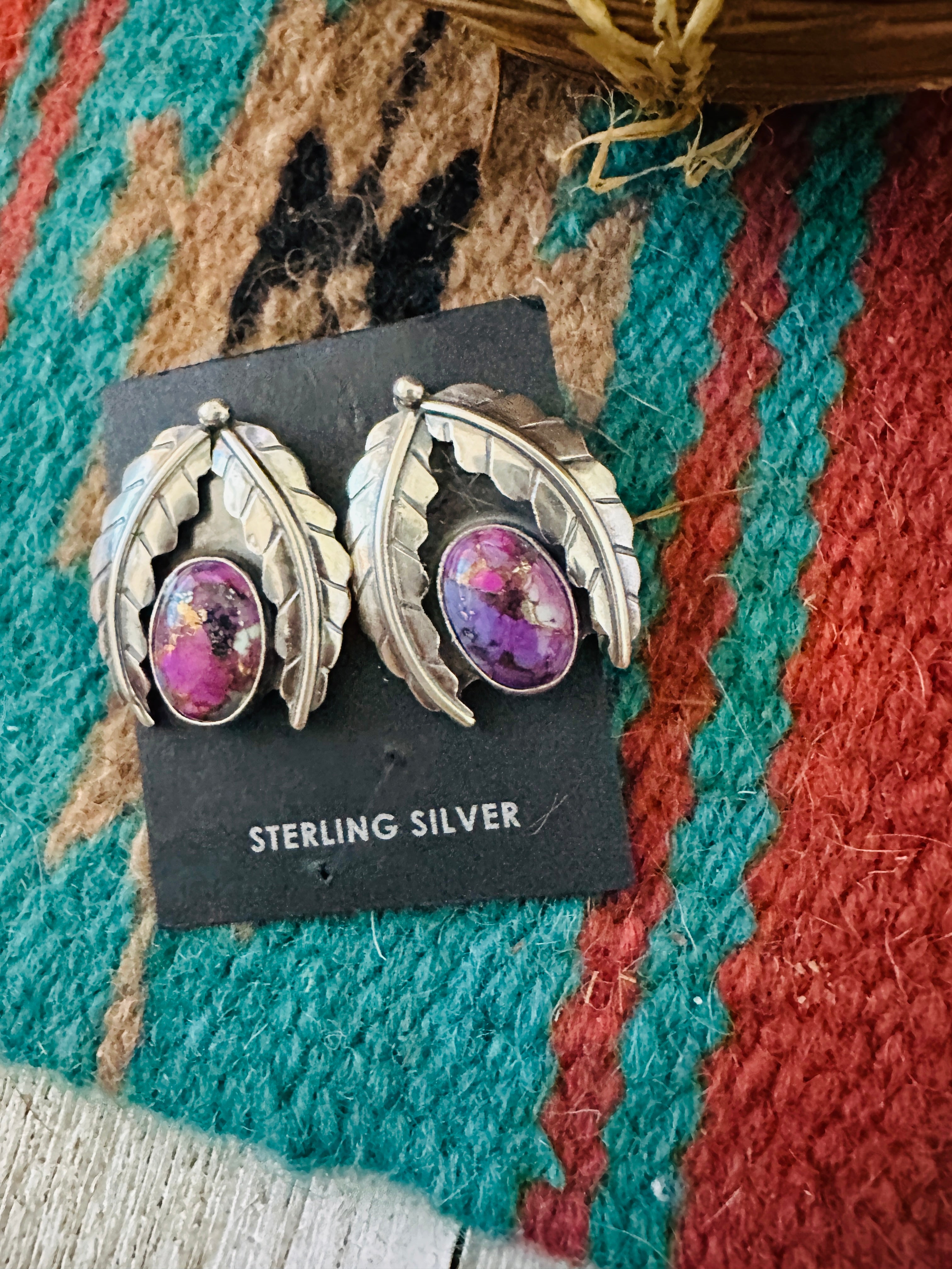 Navajo Pink Mojave & Sterling Silver Leaf Post Earrings