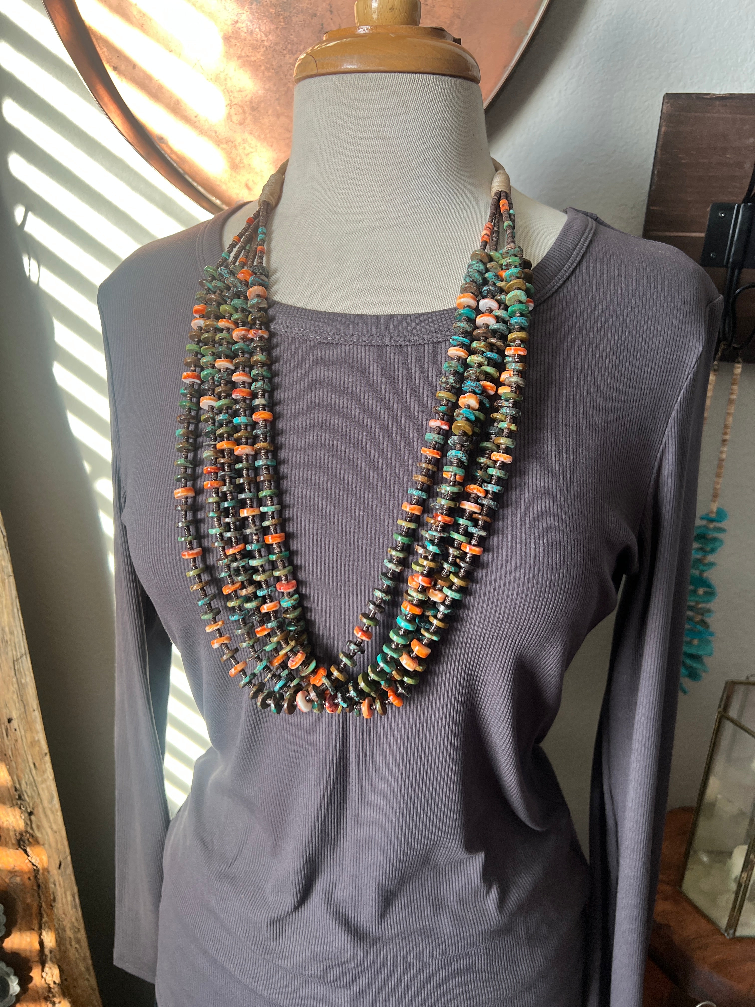 Gorgeous Handcrafted Five Strand Spiny Oyster, Turquoise and Heishi Beaded Squaw Wrap Beaded Necklace