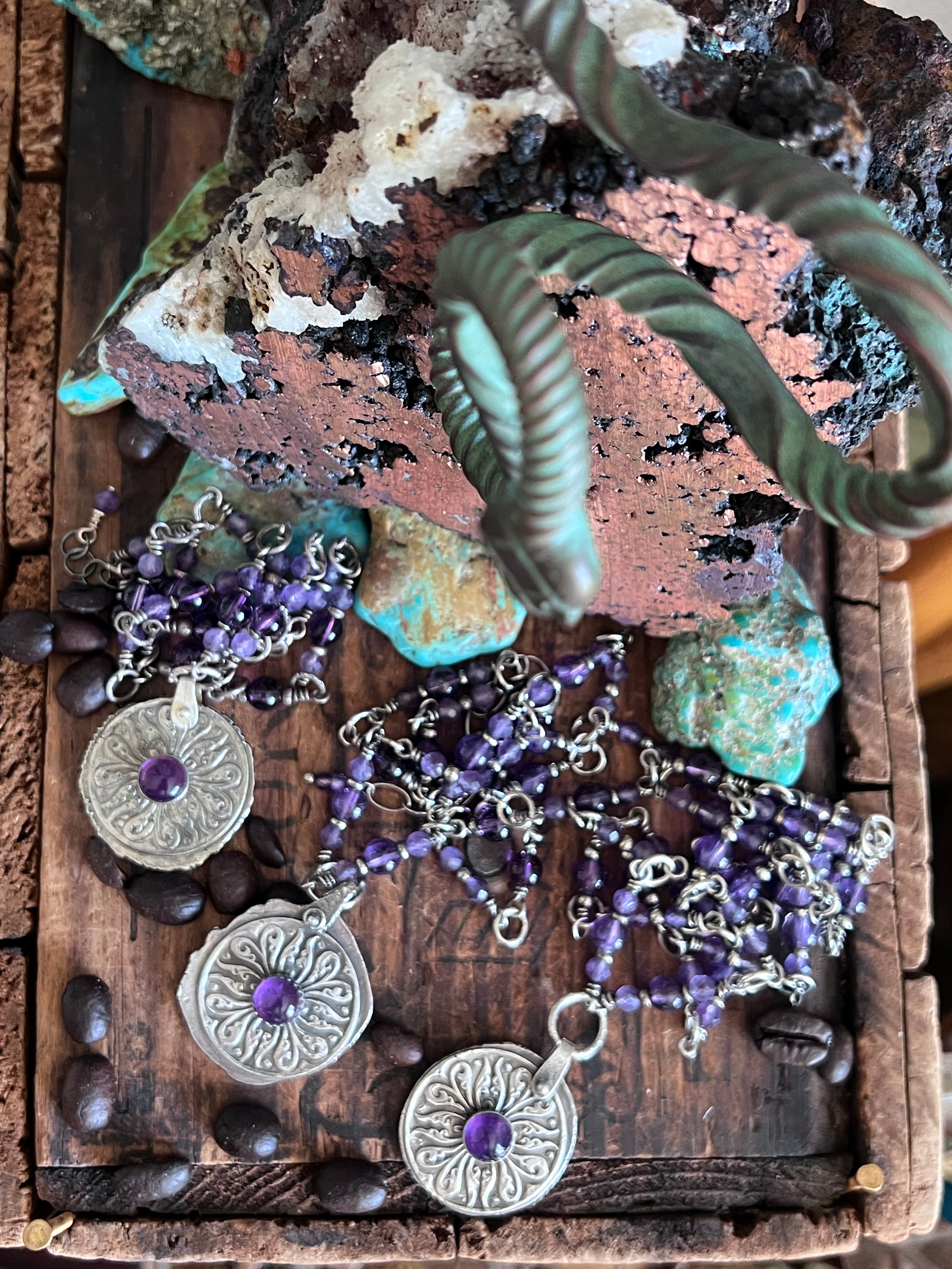 Tularosa Rosary Style Sterling Silver and Amethyst Relic Coin Necklace