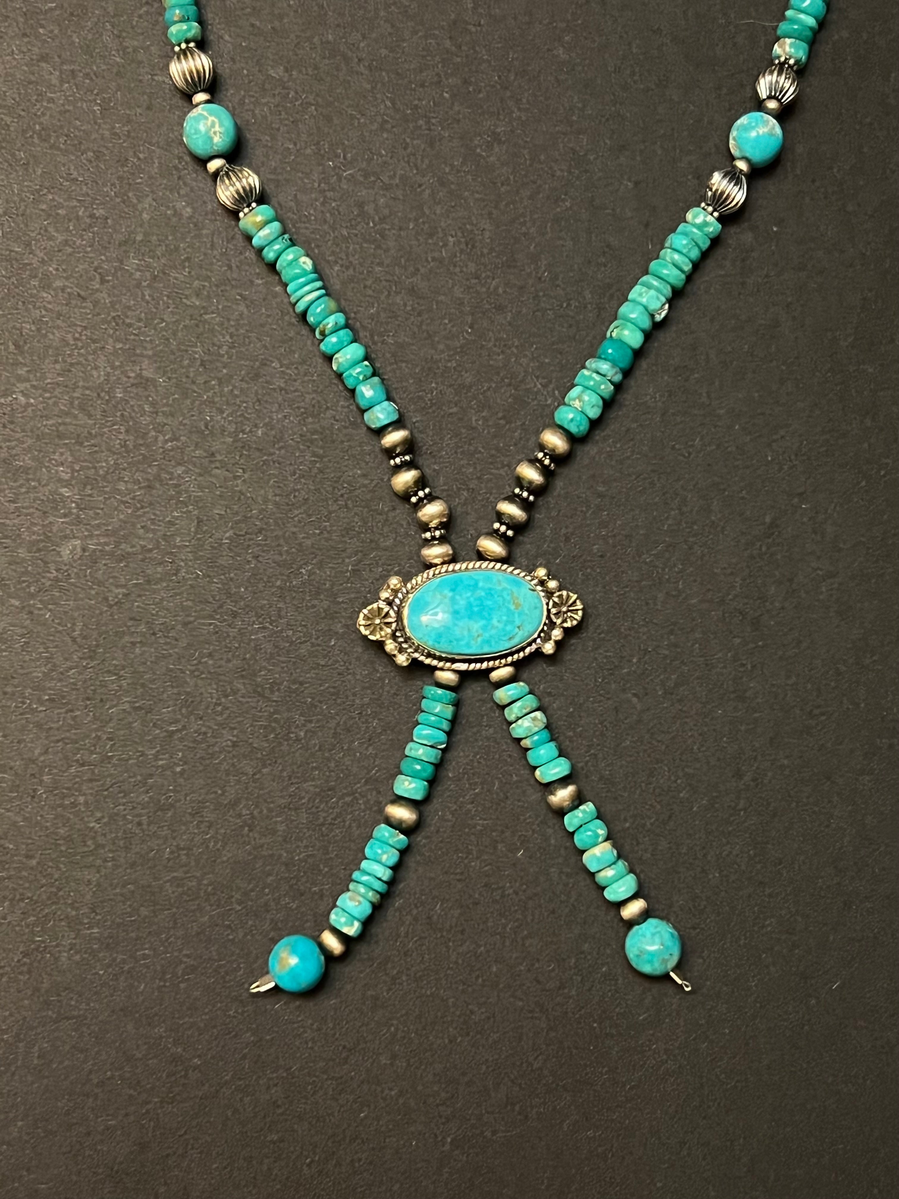 Handmade Sterling Silver Heishi Beaded Turquoise Tassel Bolo Necklace