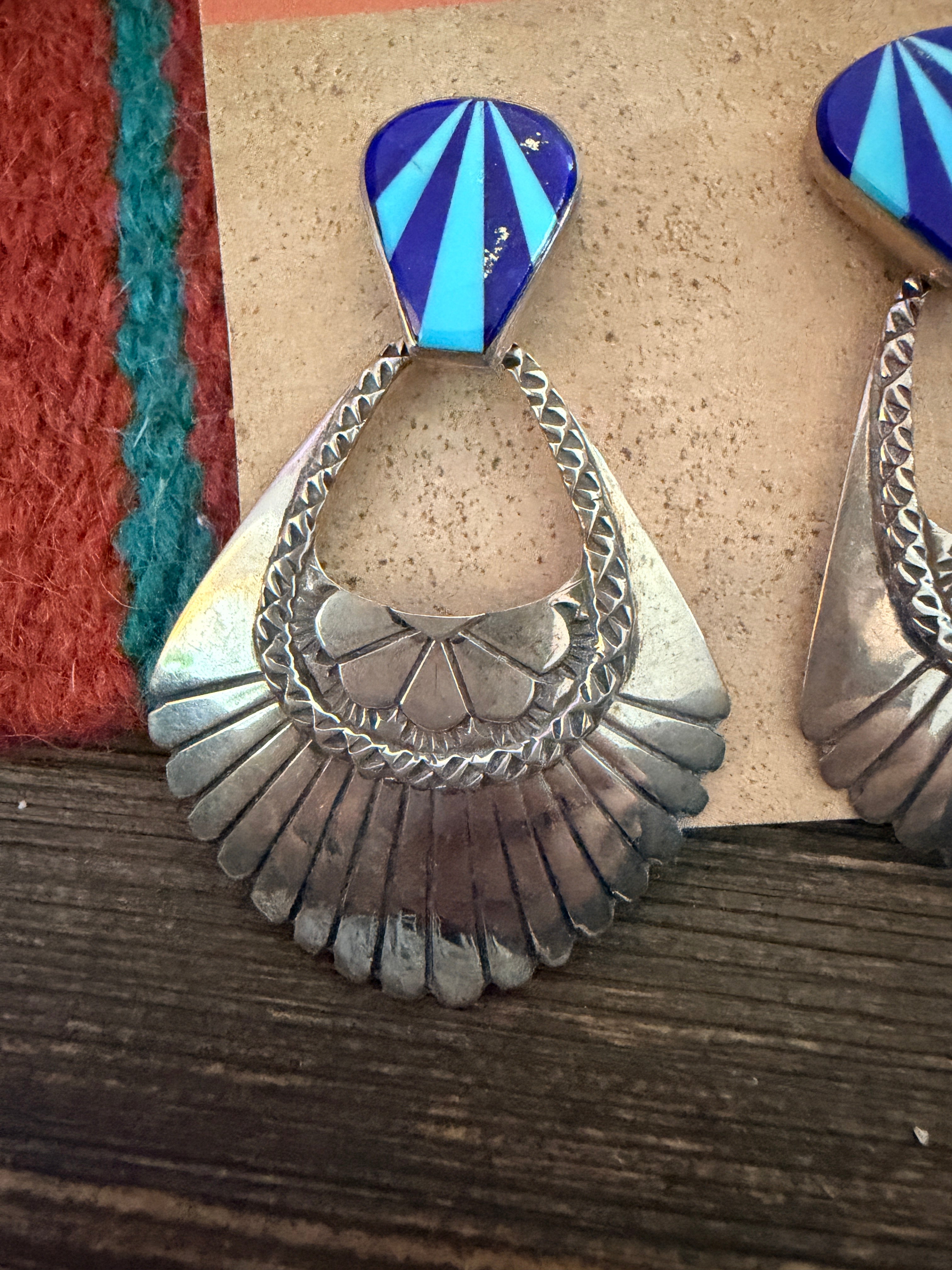 Handcrafted Old Pawn Turquoise, Lapis & Sterling Silver Inlay Concho Dangle Earrings