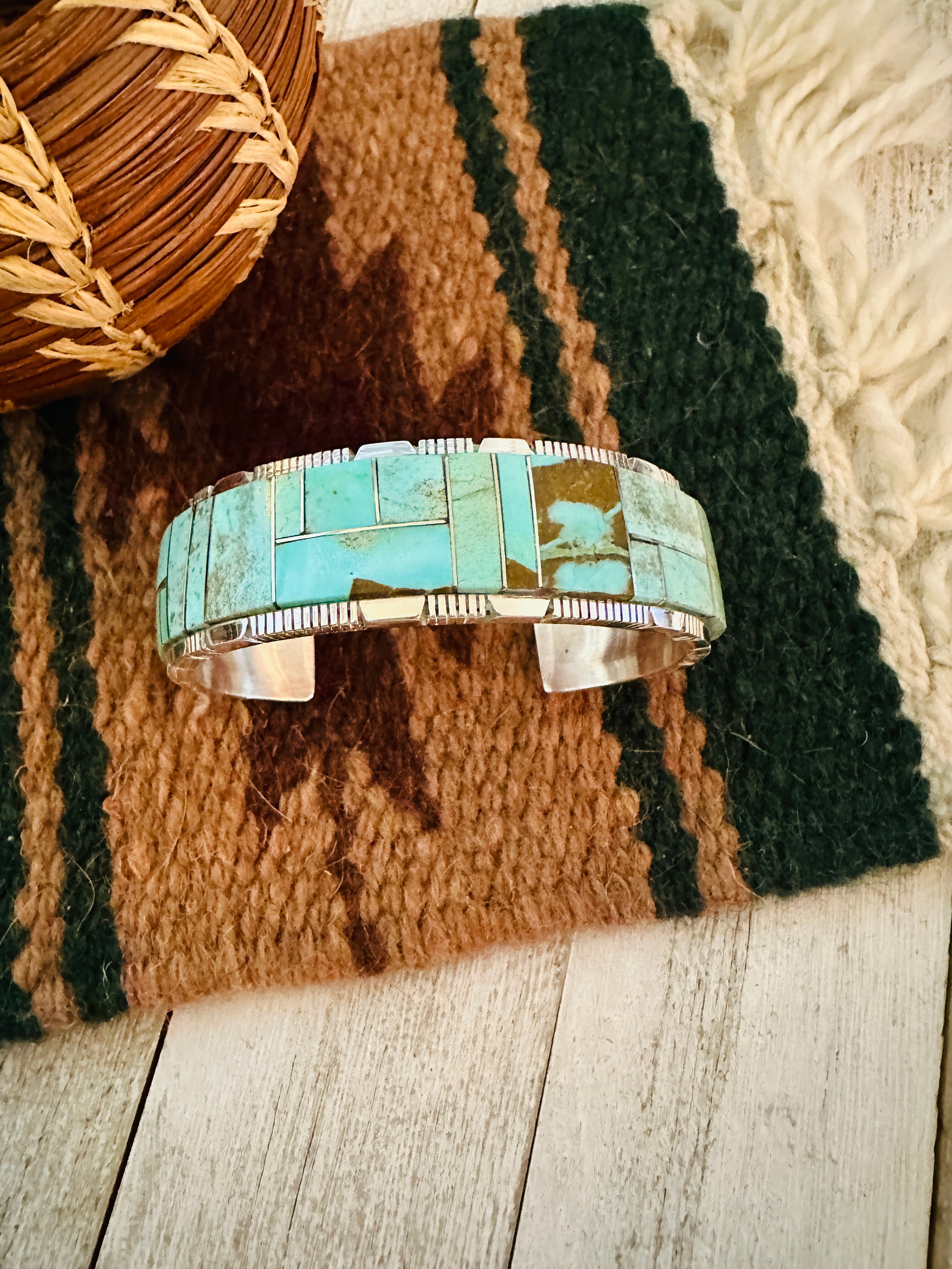 Navajo Number 8 Turquoise & Sterling Silver Inlay Cuff Bracelet /
