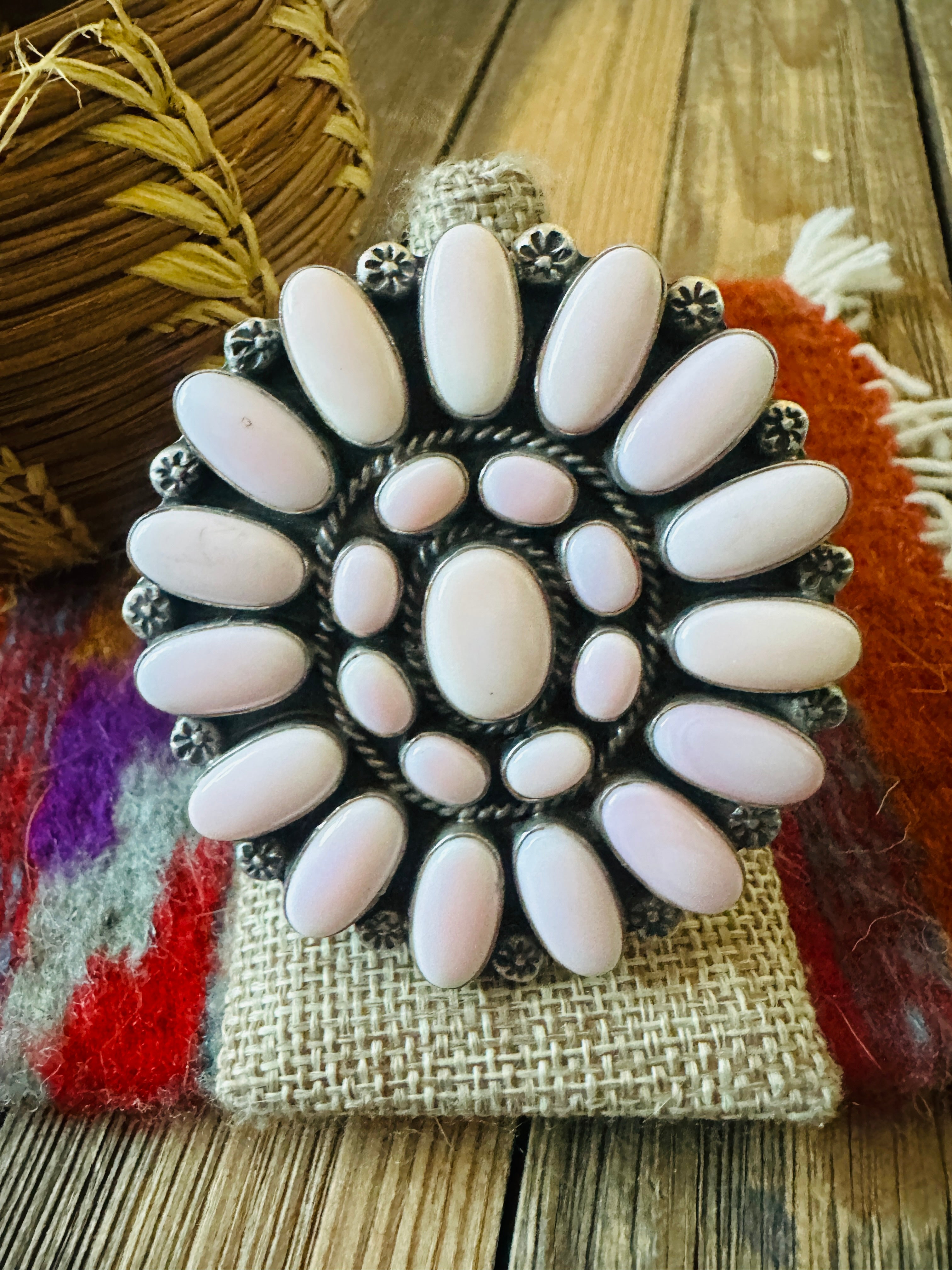 Handcrafted Queen Pink Conch & Sterling Silver Adjustable Cluster Ring