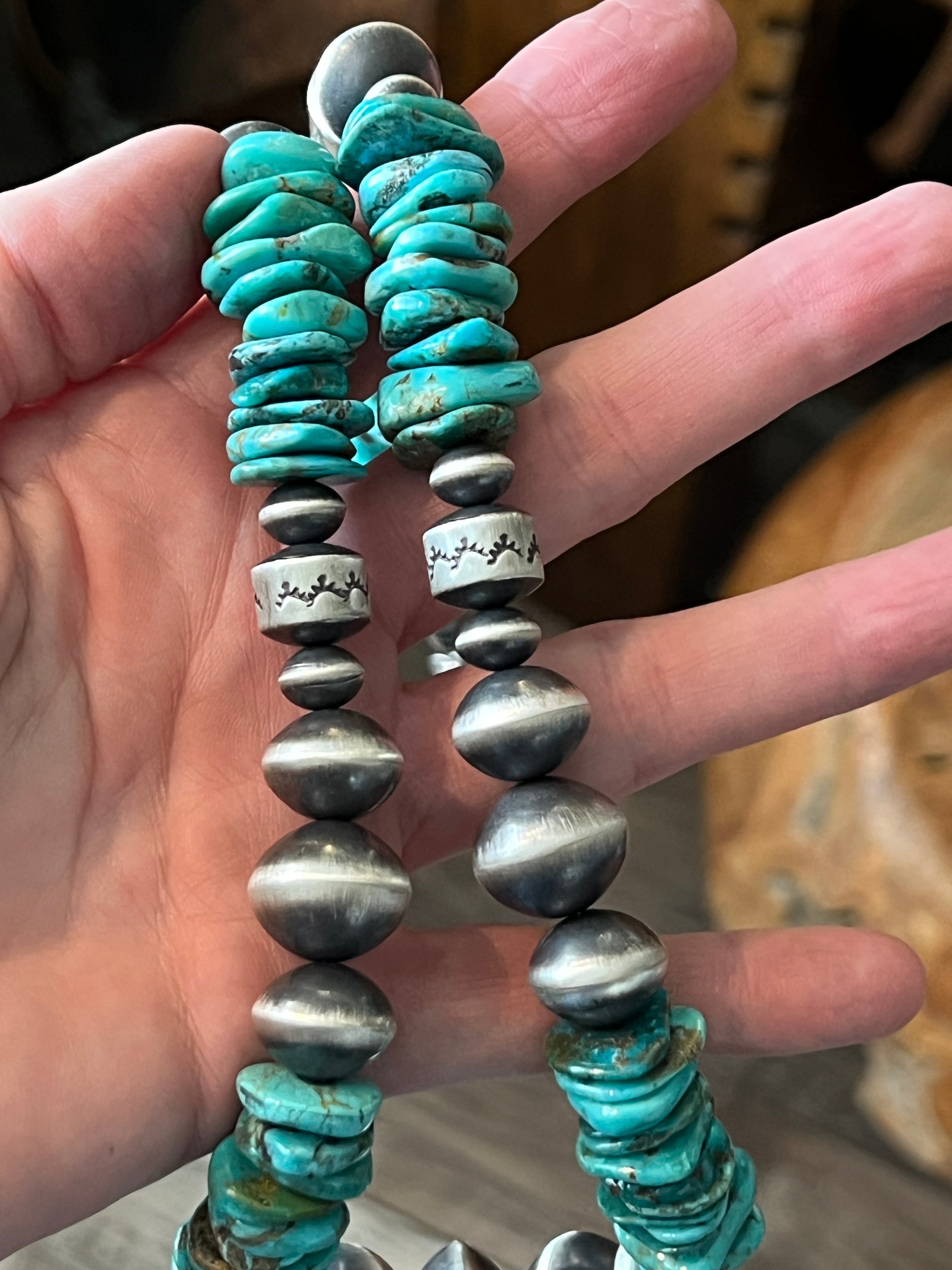 Handcrafted Sterling Silver and Kingman Turquoise Beaded Necklace by Rose Martin, 31 + 1-1/2 inches