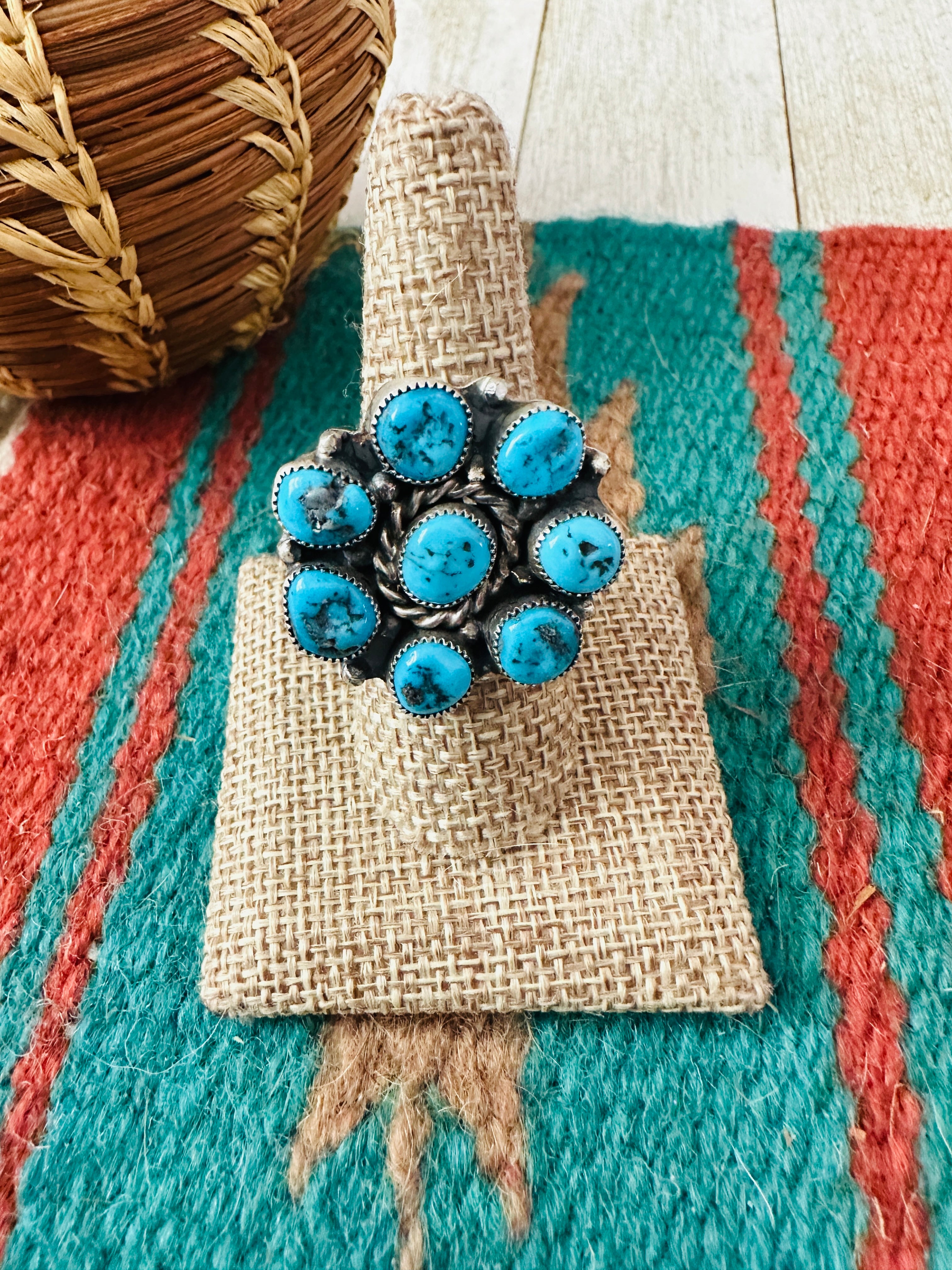Handcrafted Turquoise & Sterling Silver Cluster Adjustable Ring