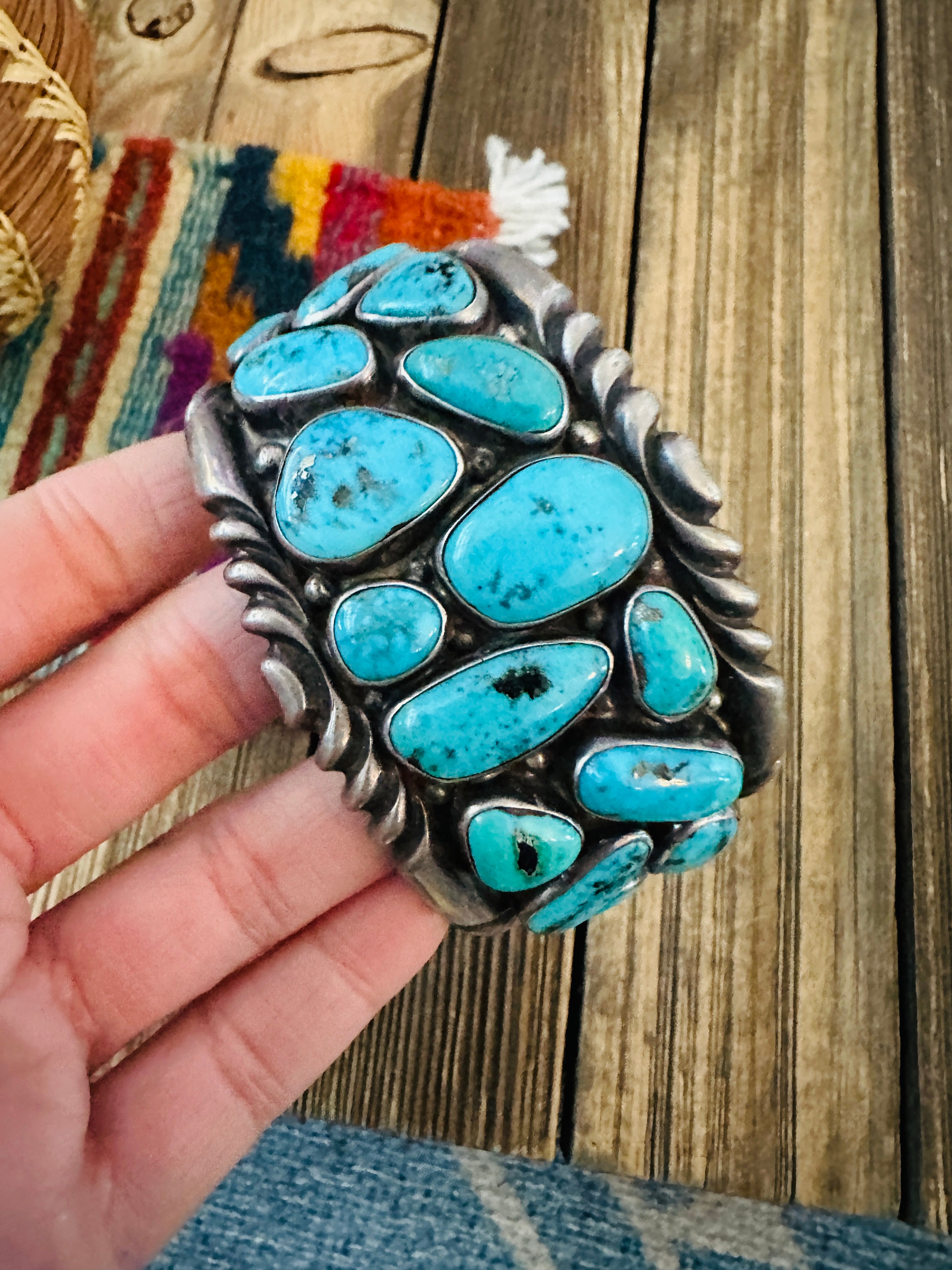 Handcrafted Old Pawn Sterling Silver & Turquoise Cluster Cuff Bracelet