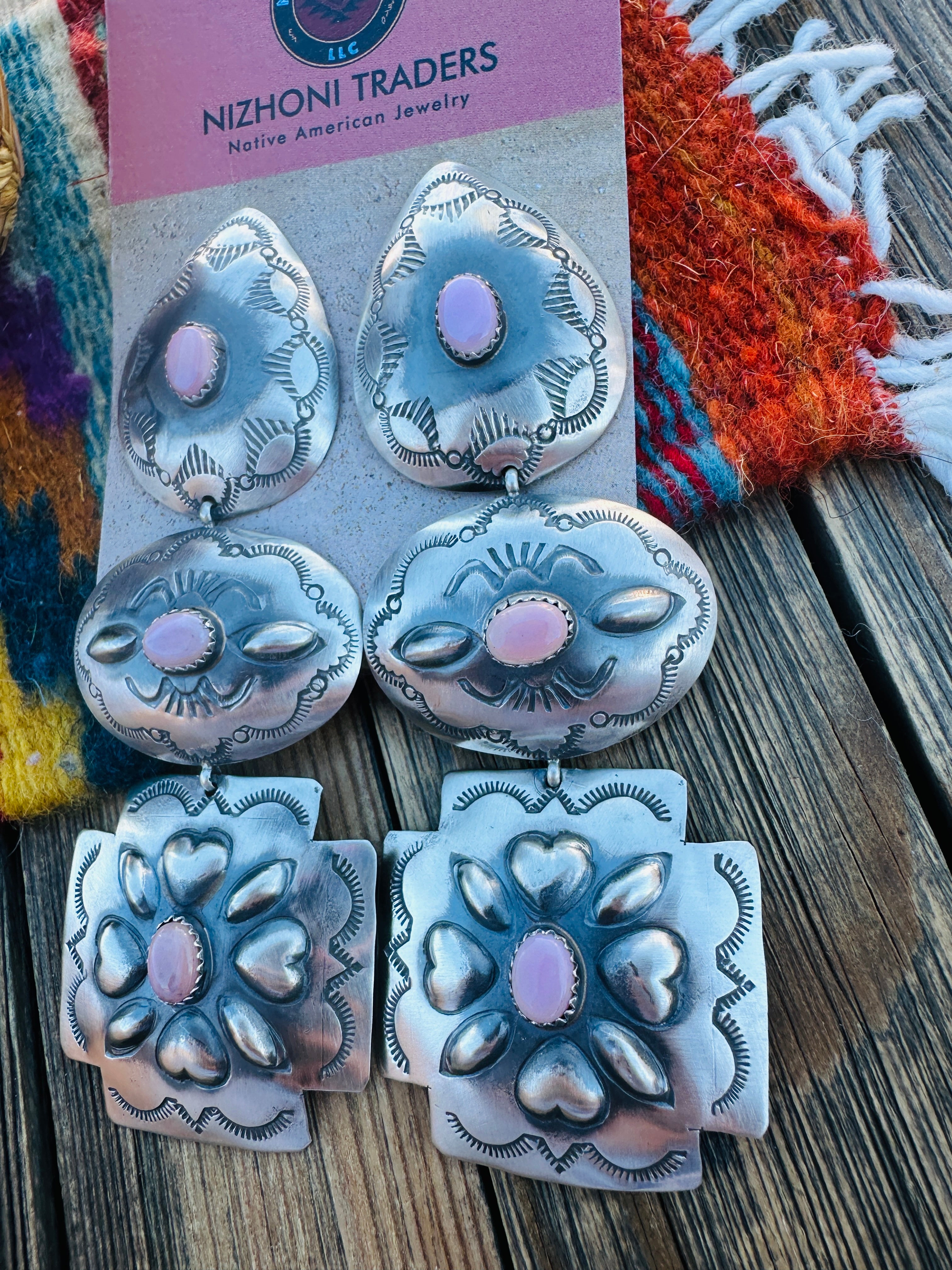 Handcrafted Queen Pink Conch & Sterling Silver Concho Dangle Earrings